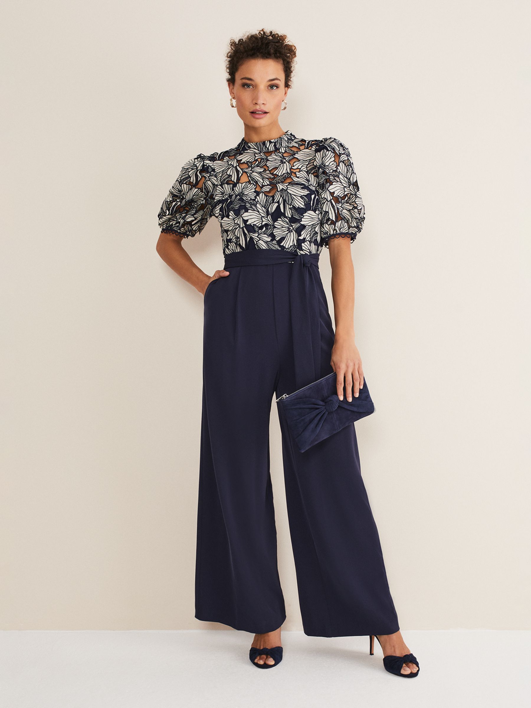 Phase Eight Caitlin Lace Bodice Wide Leg Jumpsuit, Navy/Ivory at