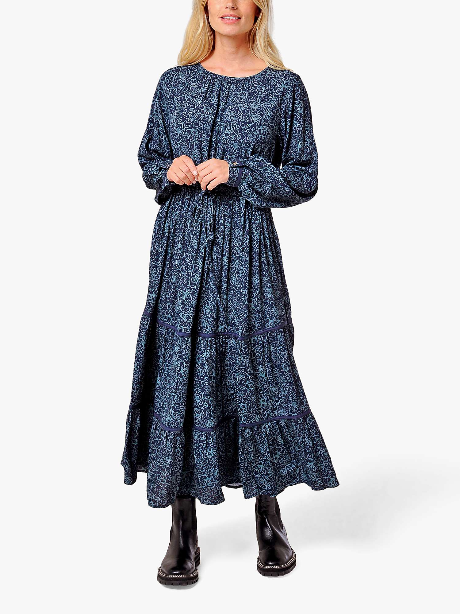 Buy Burgs Folly Printed Tiered Midi Dress, Midnight Navy Online at johnlewis.com
