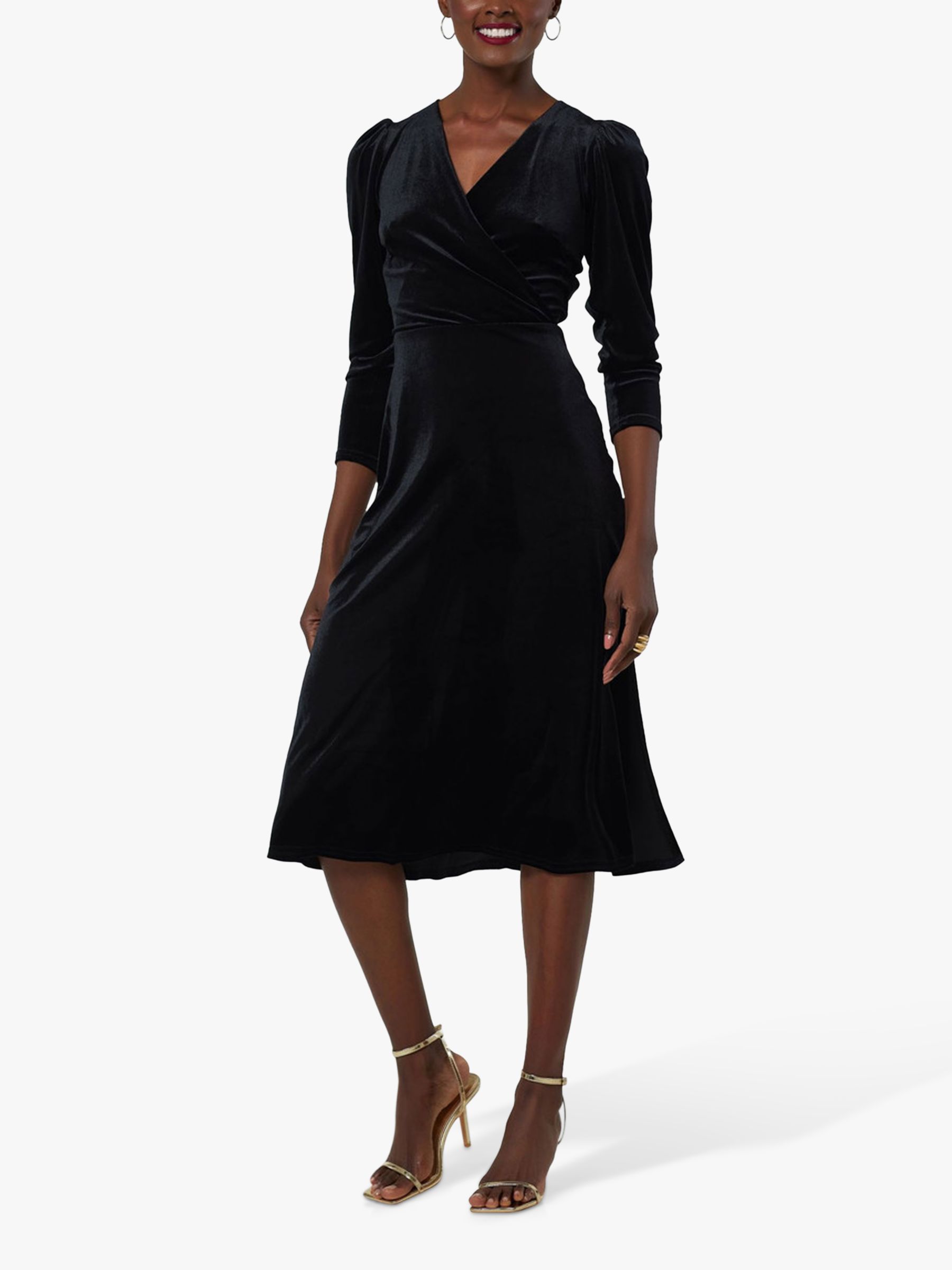 Closet London Velvet Wrap A-Line Dress, Black at John Lewis & Partners