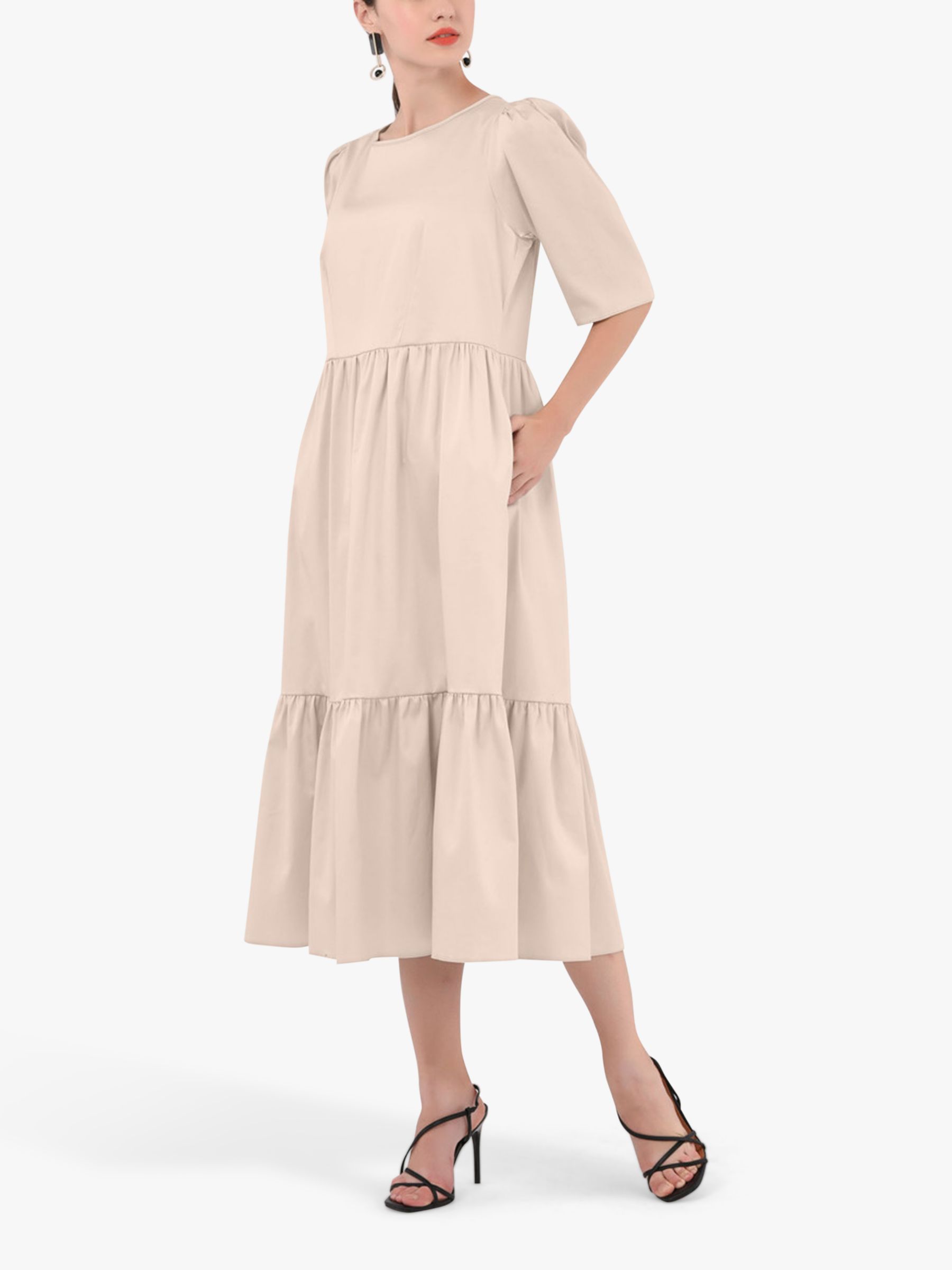 Closet London Puff Sleeve Tiered Midi Dress, Beige at John Lewis & Partners