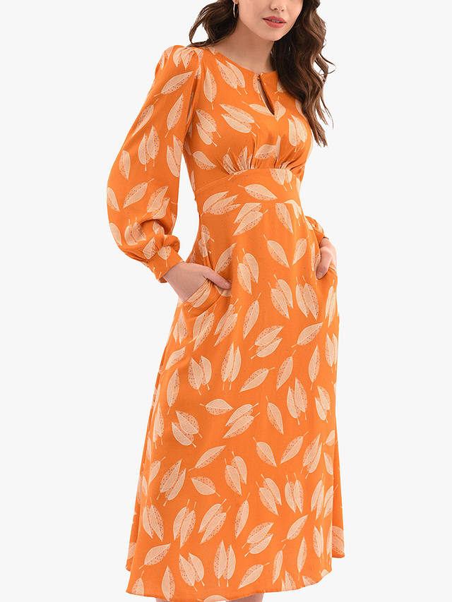 Closet London Leaf Print Midi Dress, Orange