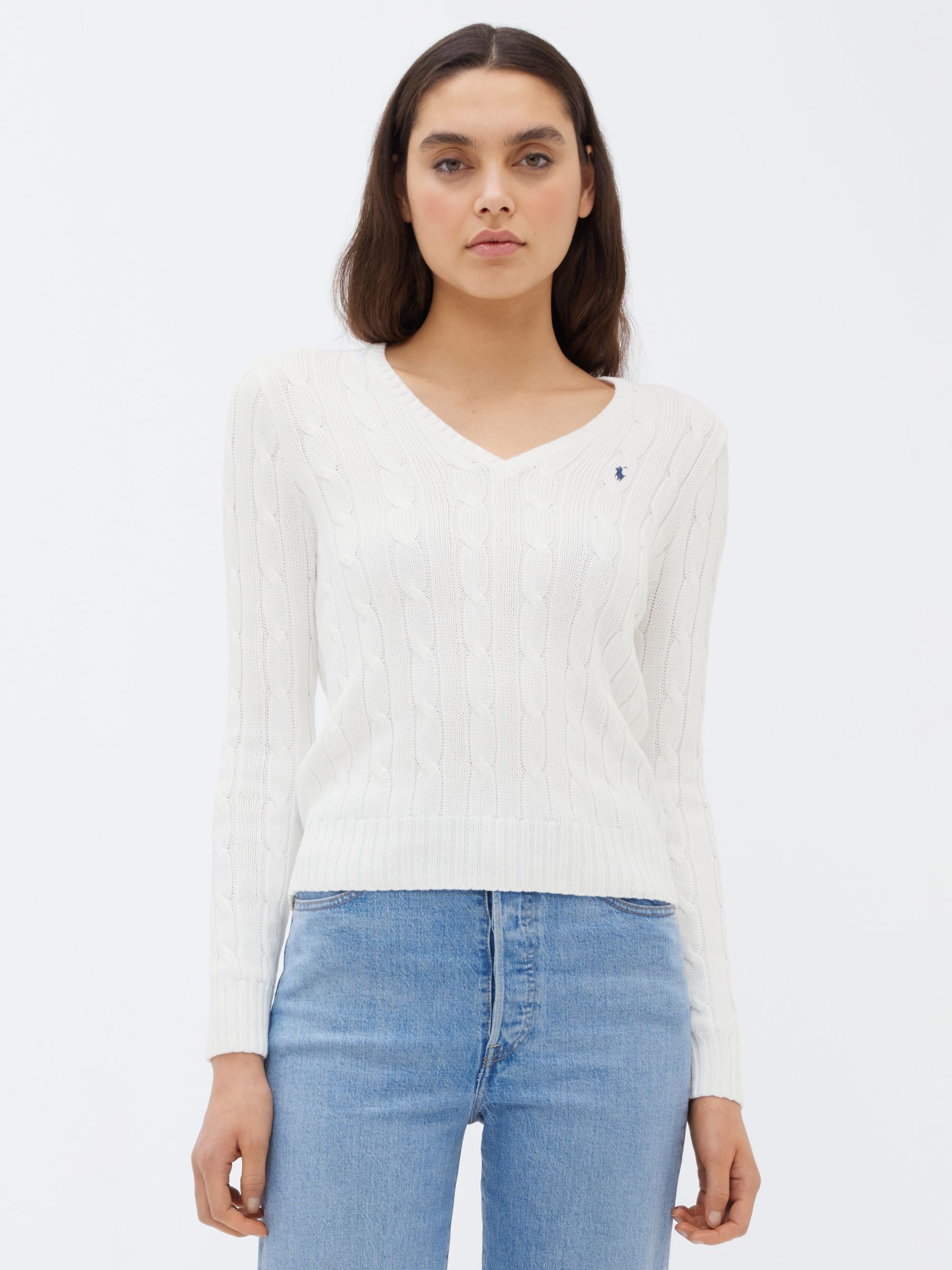 Polo Ralph Laure Kimberly V-Neck Cable Knit Jumper, White at John