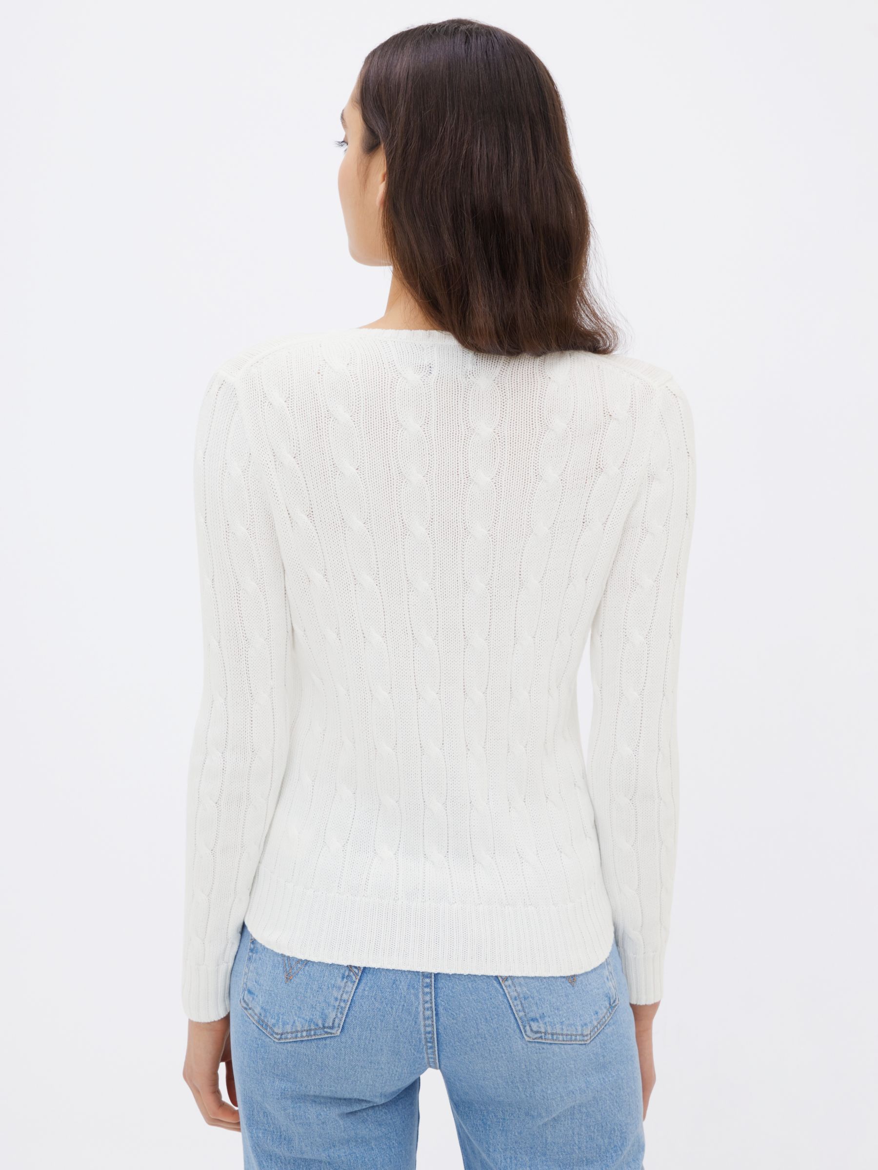 Polo Ralph Laure Kimberly V-Neck Cable Knit Jumper, White at John Lewis ...