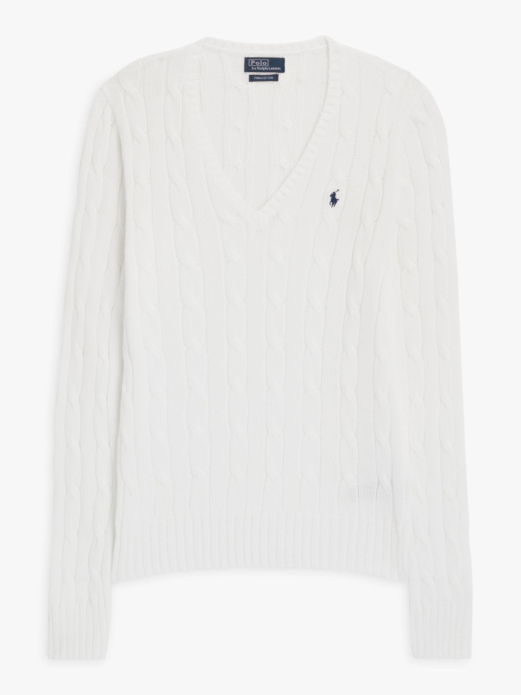 Polo Ralph Laure Kimberly V-Neck Cable Knit Jumper, White