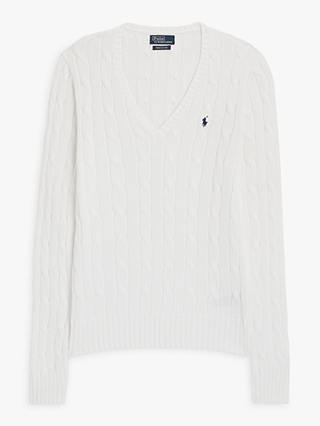 Polo Ralph Laure Kimberly V-Neck Cable Knit Jumper, White