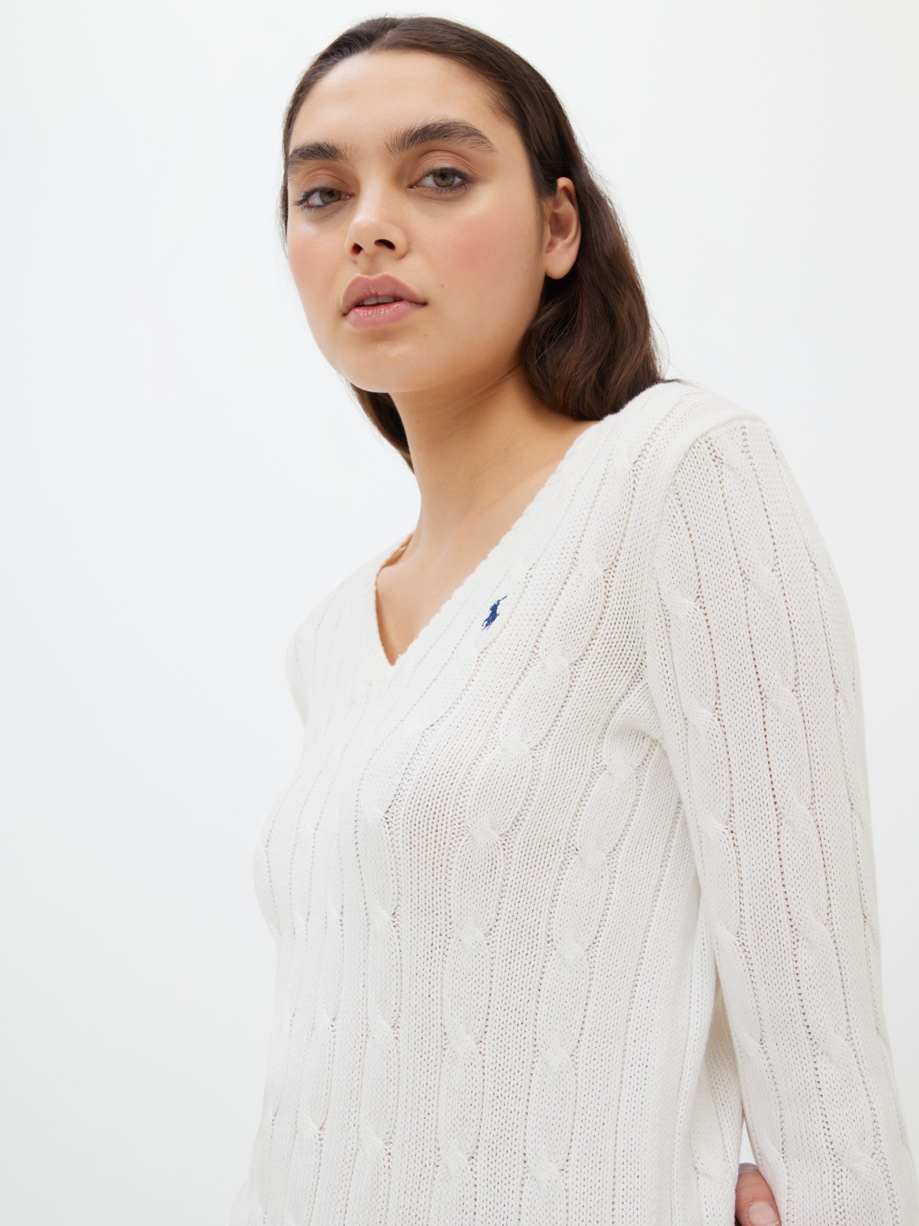 Buy Polo Ralph Laure Kimberly V-Neck Cable Knit Jumper, White Online at johnlewis.com