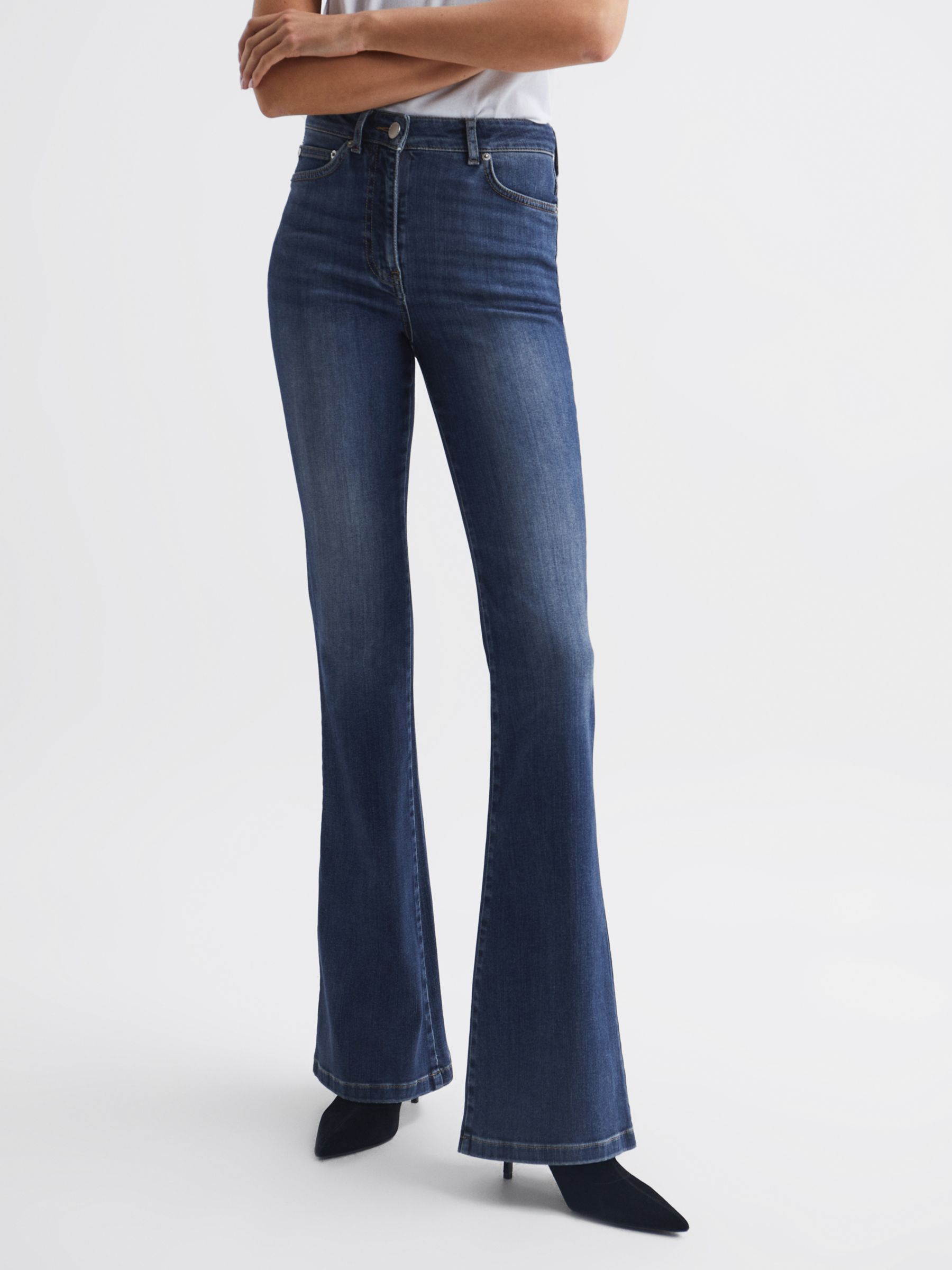 REISS Women's High Rise Skinny Flared Stretchy Denim Jeans Dark