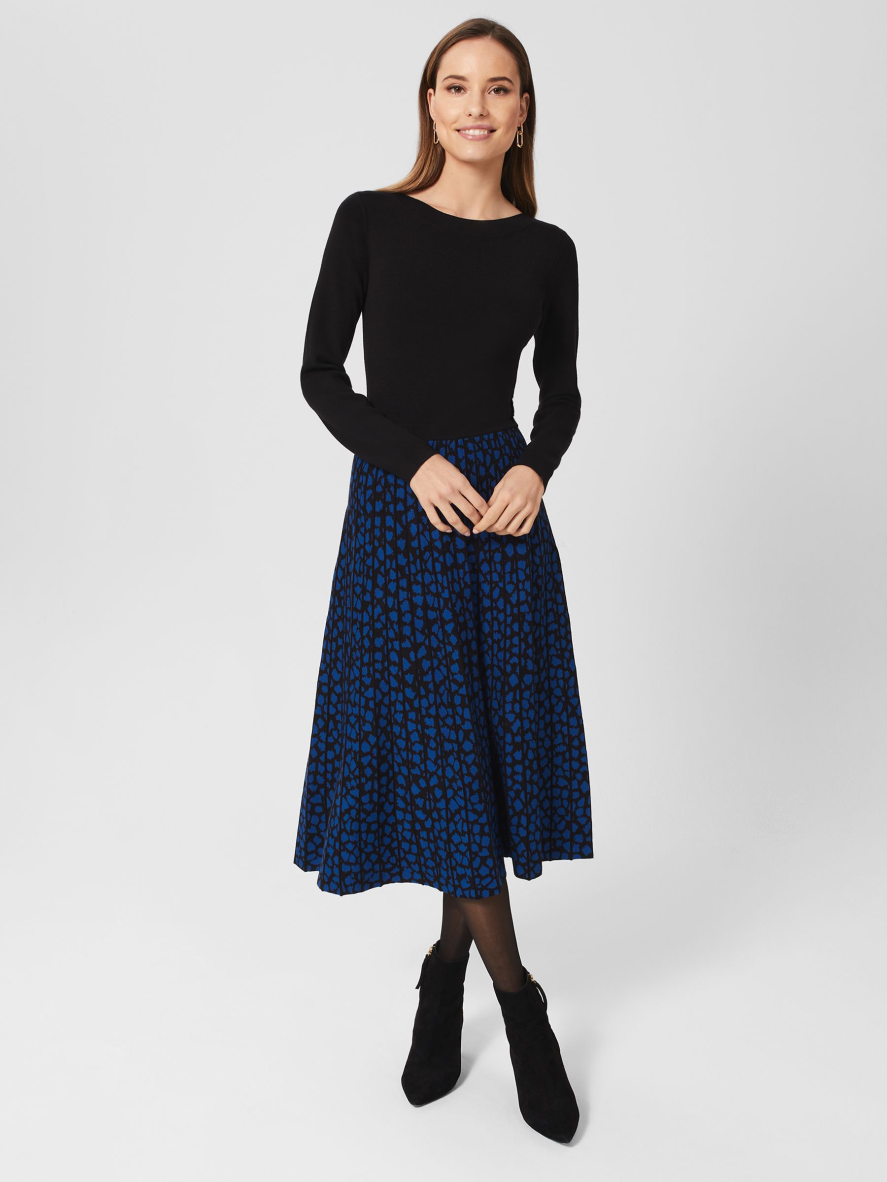 Hobbs Elena Abstract Midi Dress, Black/Blue at John Lewis & Partners