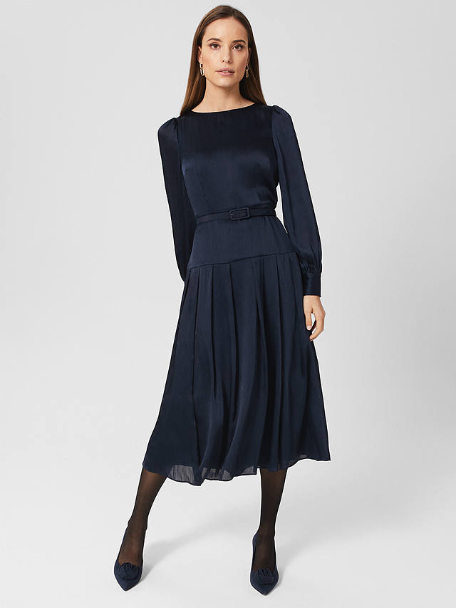 Hobbs Isabella Satin Drop Waist Midi Dress, Navy at John Lewis & Partners