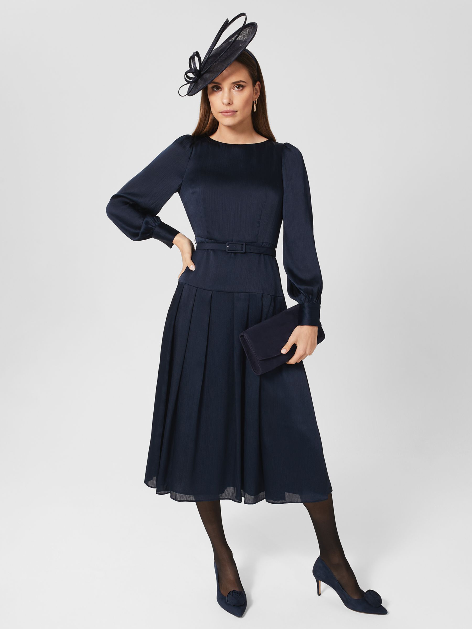 Hobbs Isabella Satin Drop Waist Midi Dress Navy