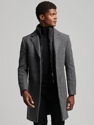 Superdry Detachable Lining Wool Town Coat, Grey Herringbone