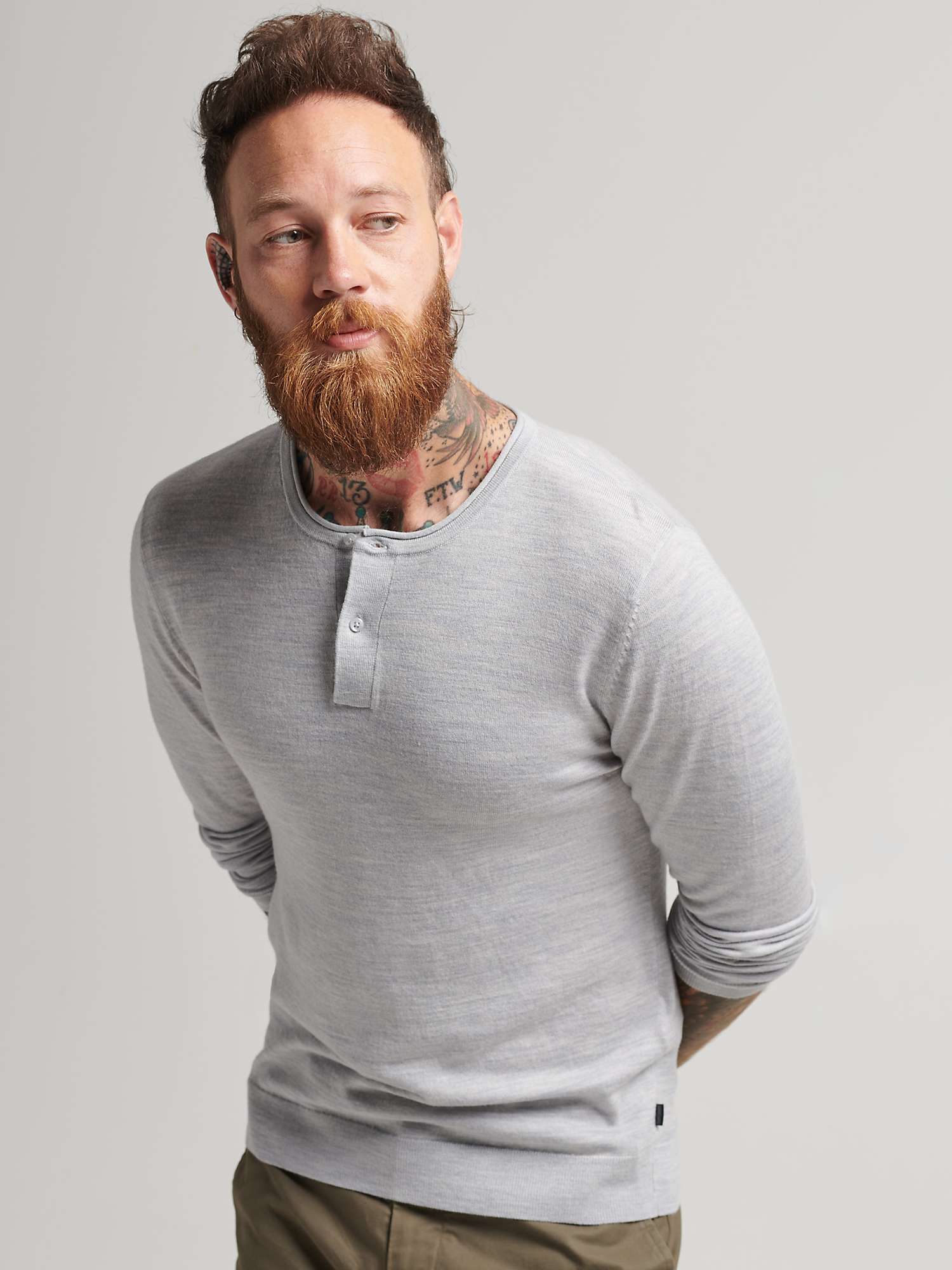 Superdry Merino Crew Neck Henley Knitted Top, Mid Marl at John Lewis ...