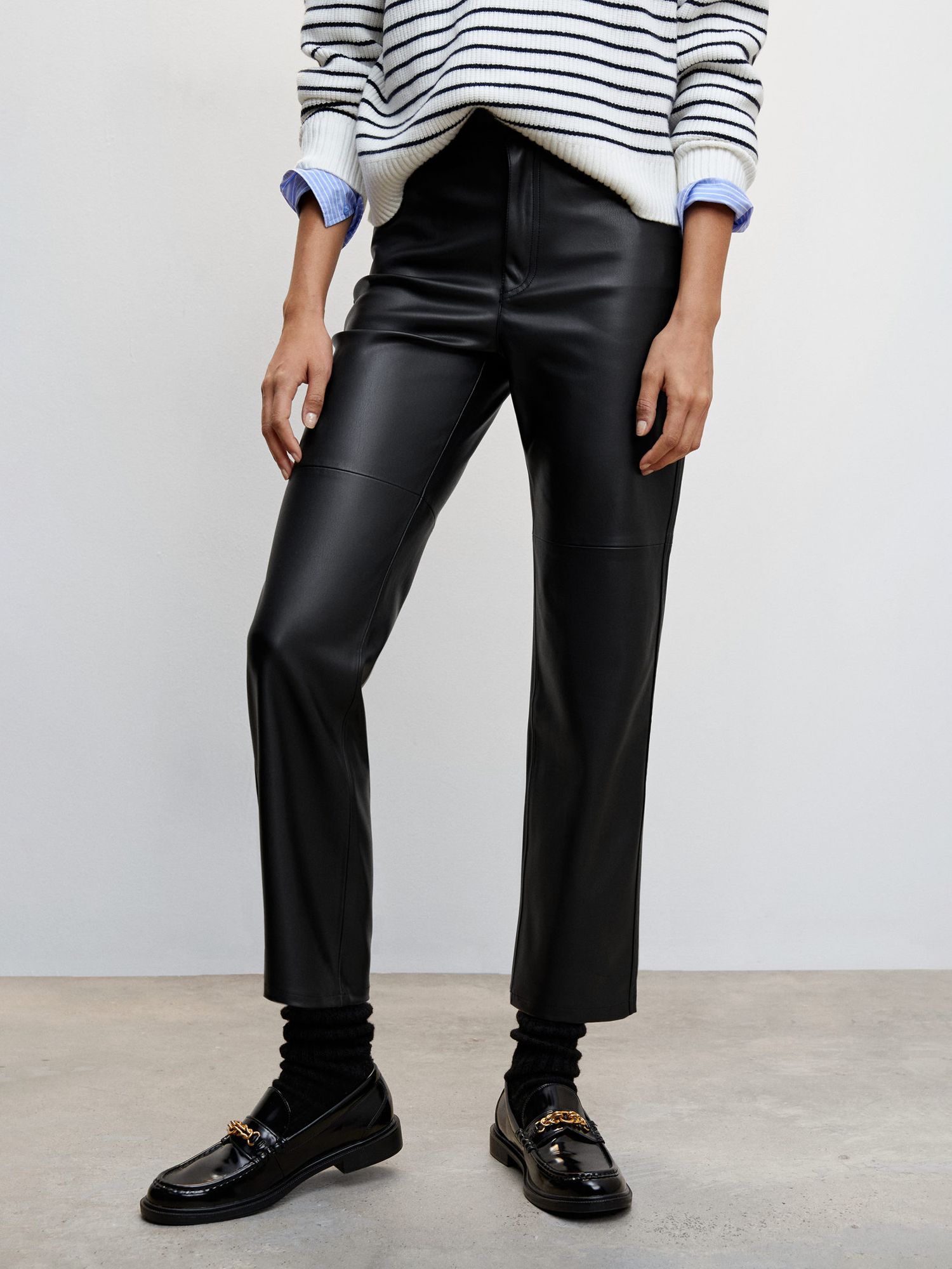 Mango Lille Slim Fit Faux Leather Trousers, Black at John Lewis & Partners