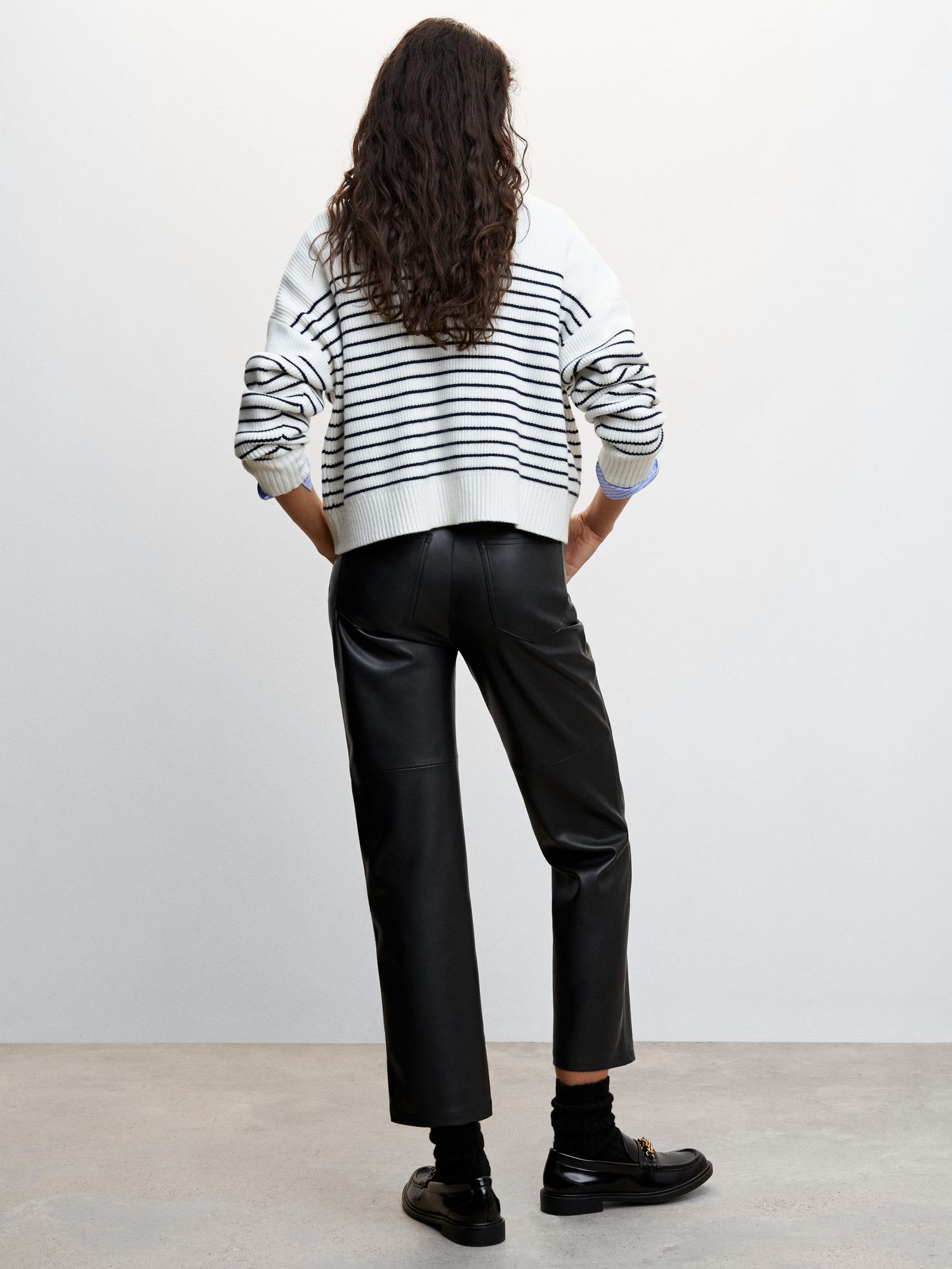 Mango Lille Slim Fit Faux Leather Trousers, Black at John Lewis & Partners