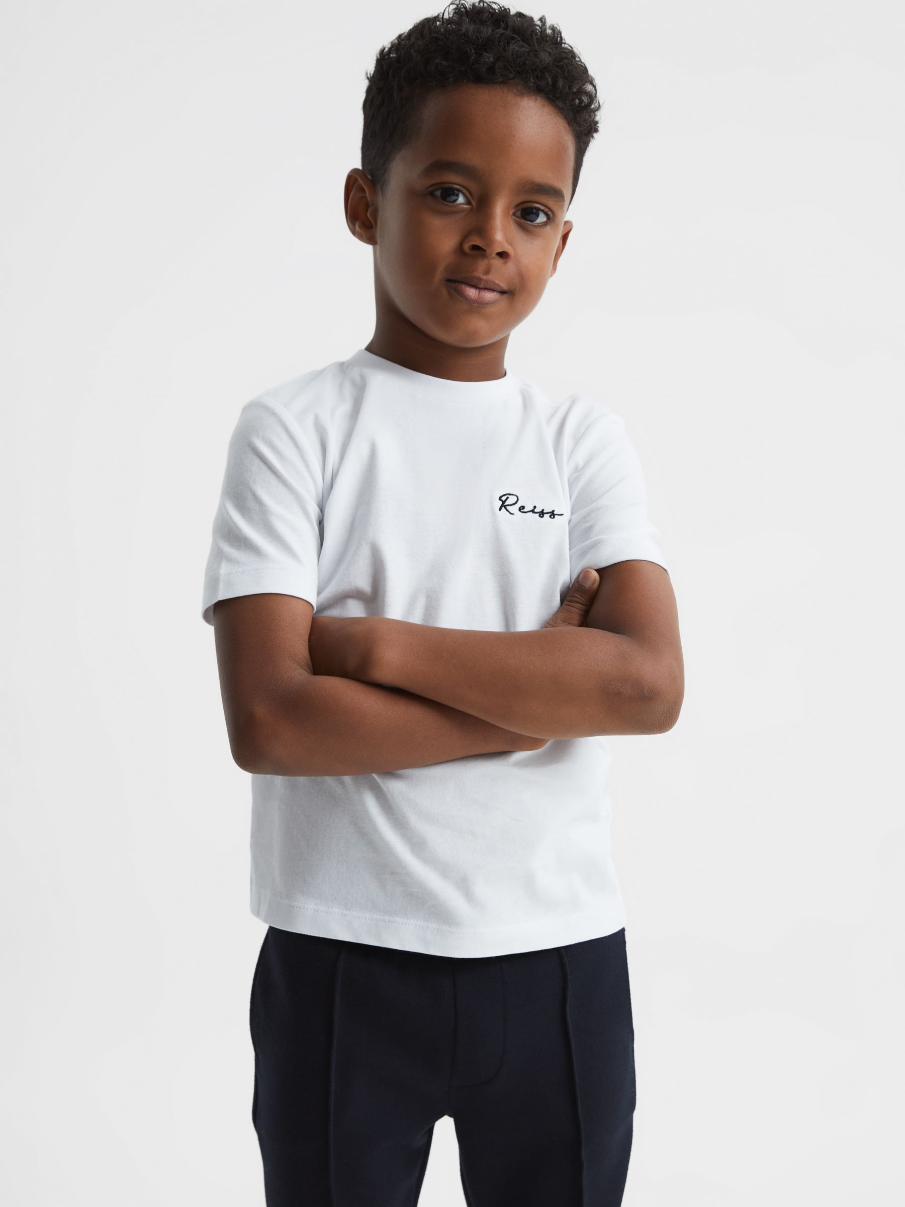 Reiss Kids' Todd Embroidery Logo Cotton T-Shirt, White/Navy at John ...