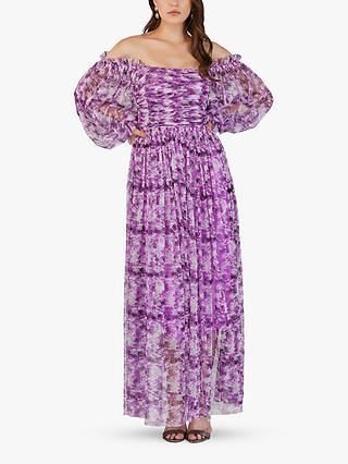 Lace & Beads Lana Floral Print Off Shoulder Maxi Dress, Lavender 