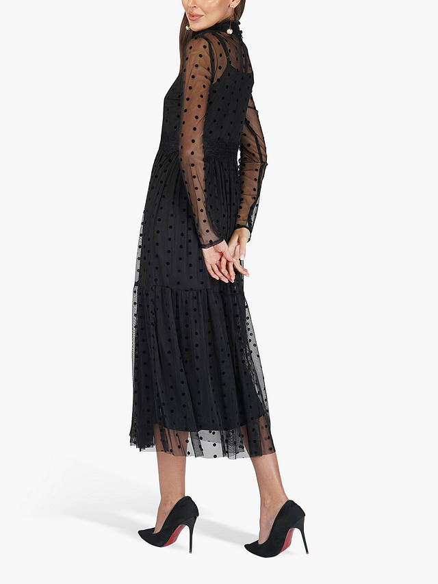 Lace & Beads Roman Lola Spot Mesh Midi Dress, Black 