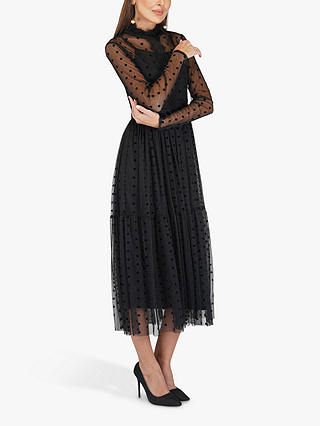 Lace & Beads Roman Lola Spot Mesh Midi Dress, Black 