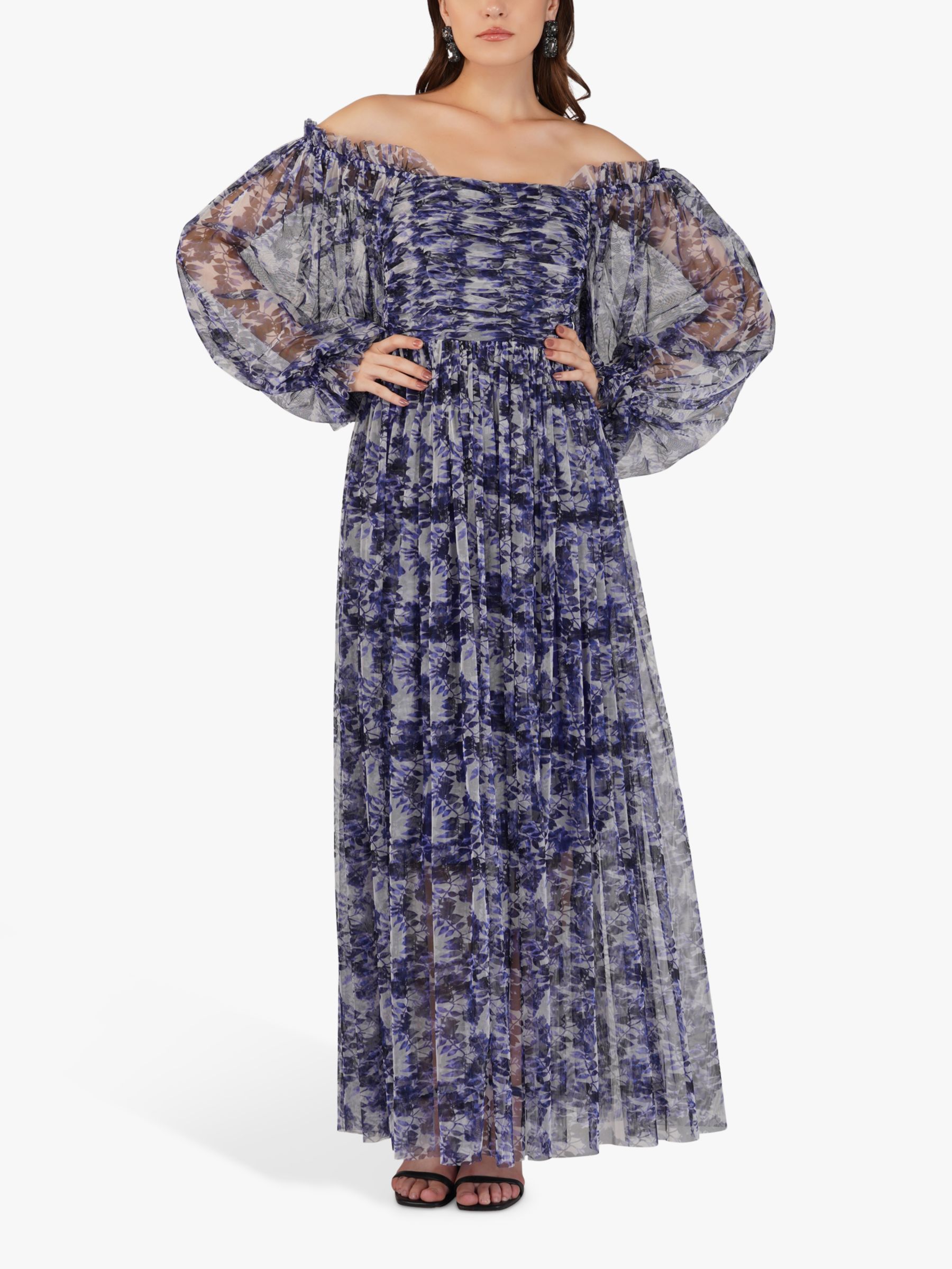 Lace Beads Lana Floral Print Off Shoulder Maxi Dress Blue at