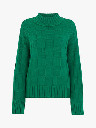 Whistles Texture Check Knitted Cotton Jumper, Green