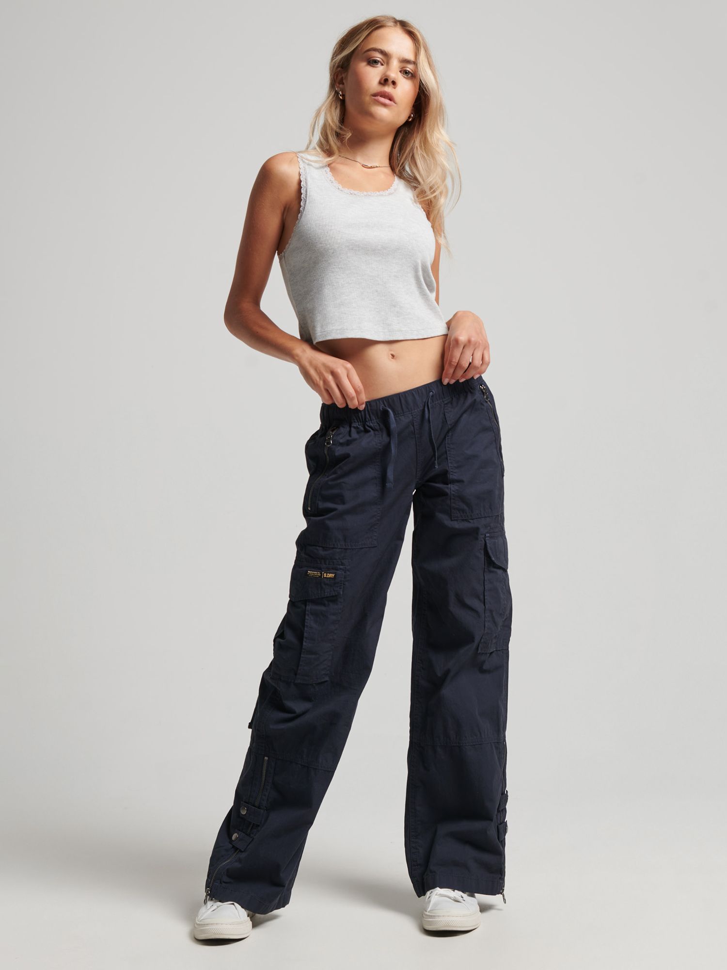 Superdry Low Rise Wide Leg Cargo Trousers, Eclipse Navy, 26