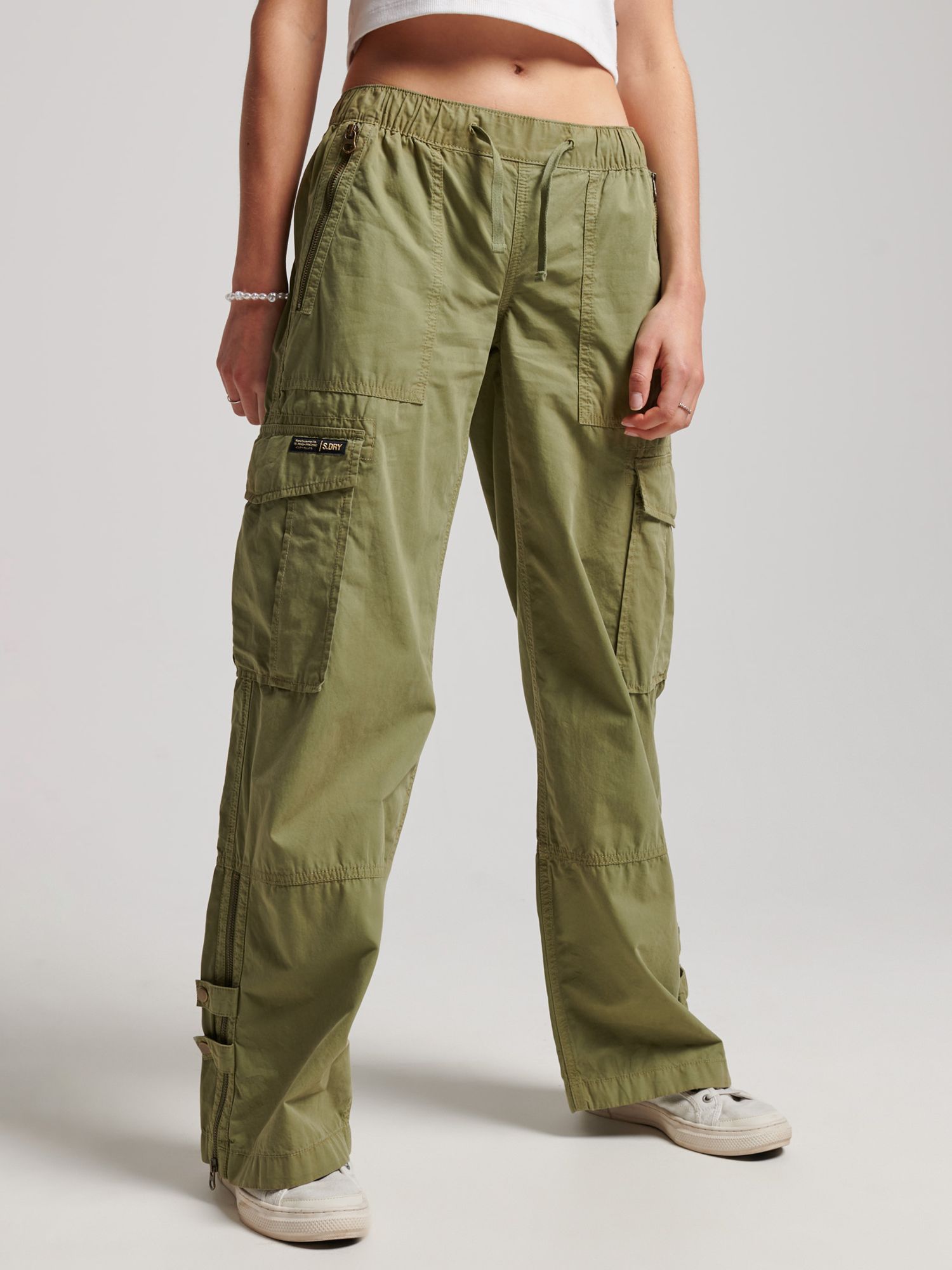 Superdry Low Rise Wide Leg Cargo Trousers, Trekking Olive at John Lewis ...