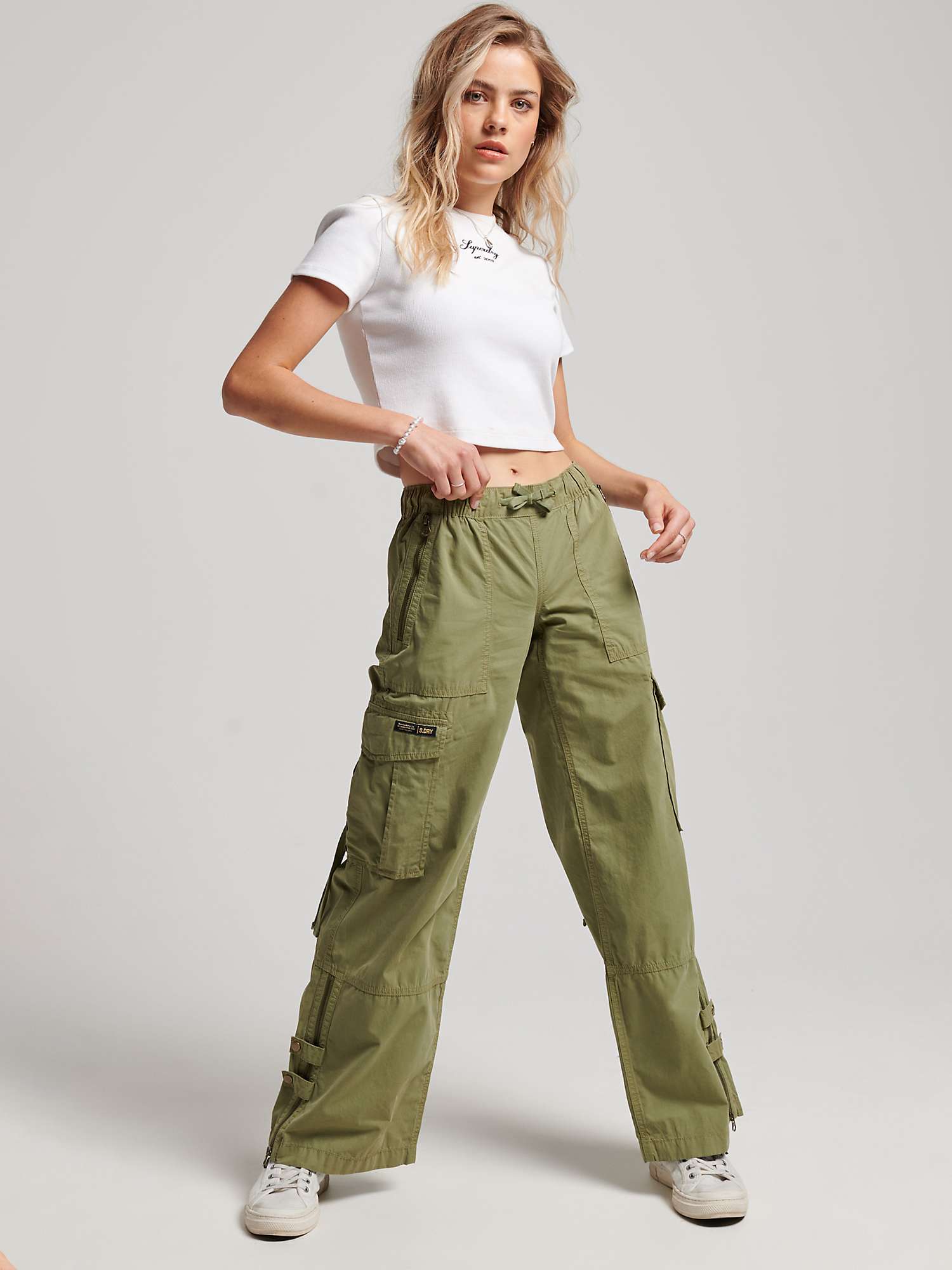 Superdry Low Rise Wide Leg Cargo Trousers, Trekking Olive at John Lewis &  Partners
