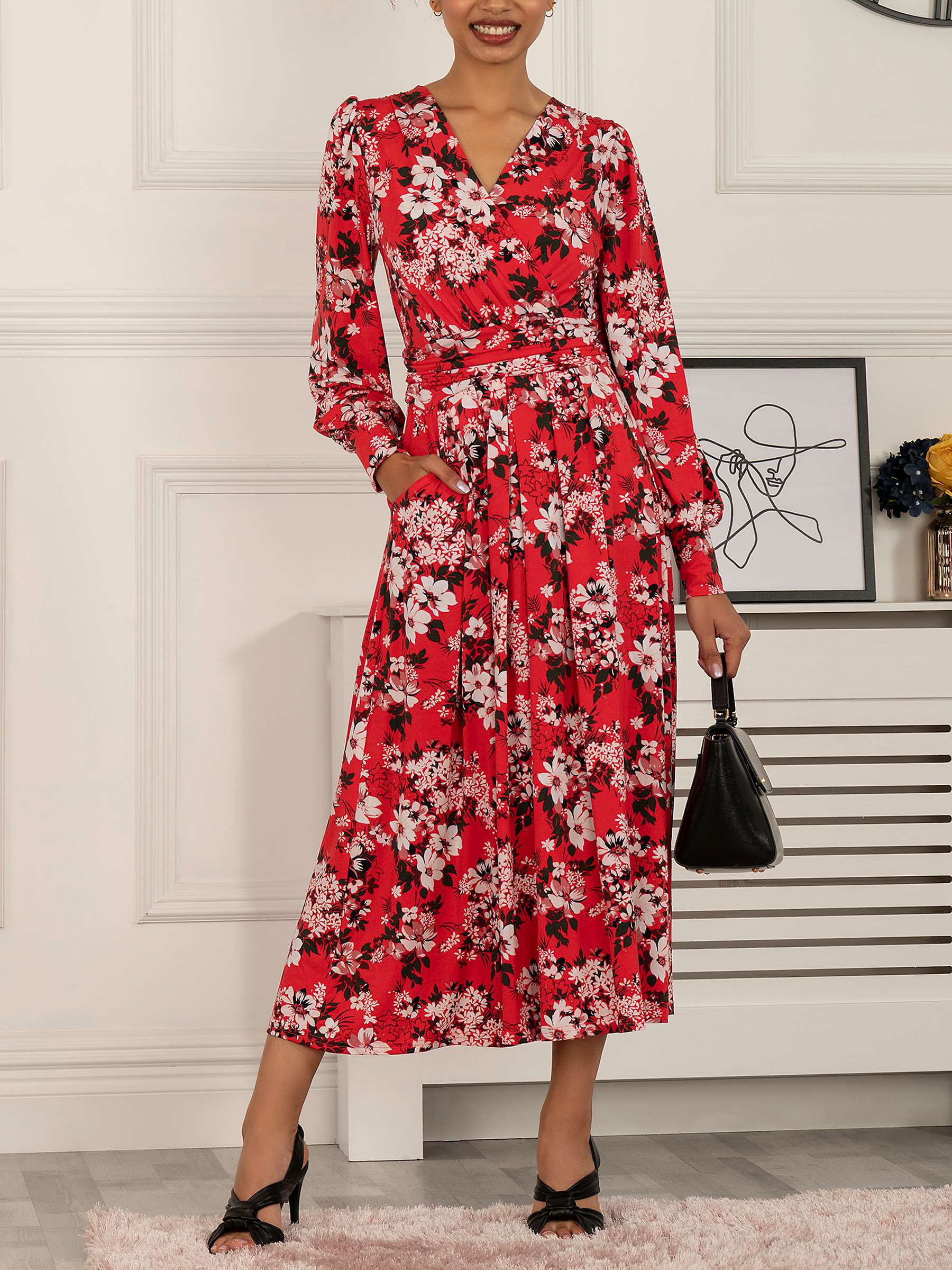 Jolie Moi Vivian Floral Print Long Sleeve Midi Dress, Red at John Lewis ...