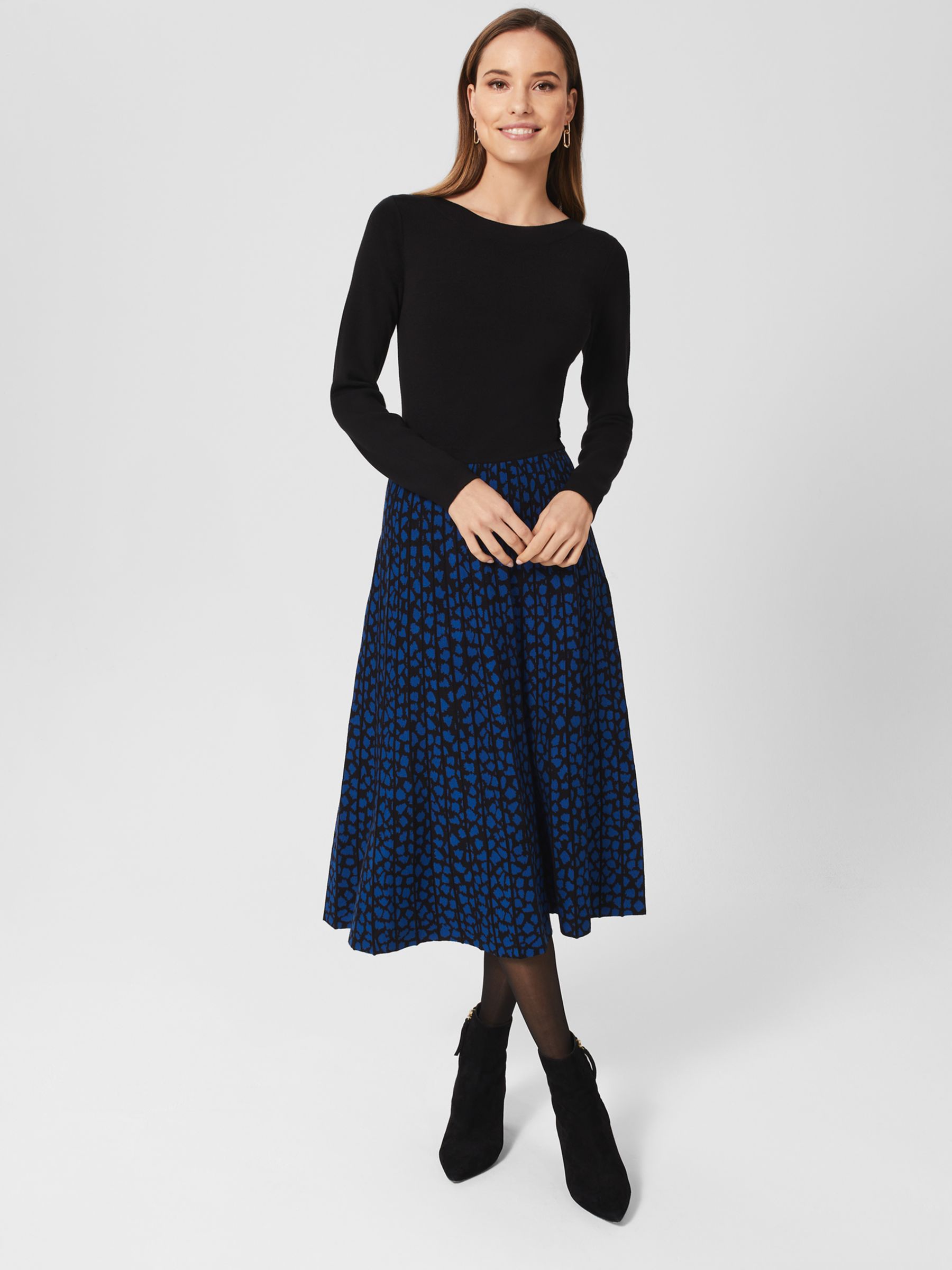 Hobbs Petite Elena Knit Midi Dress, Black/Blue, 16