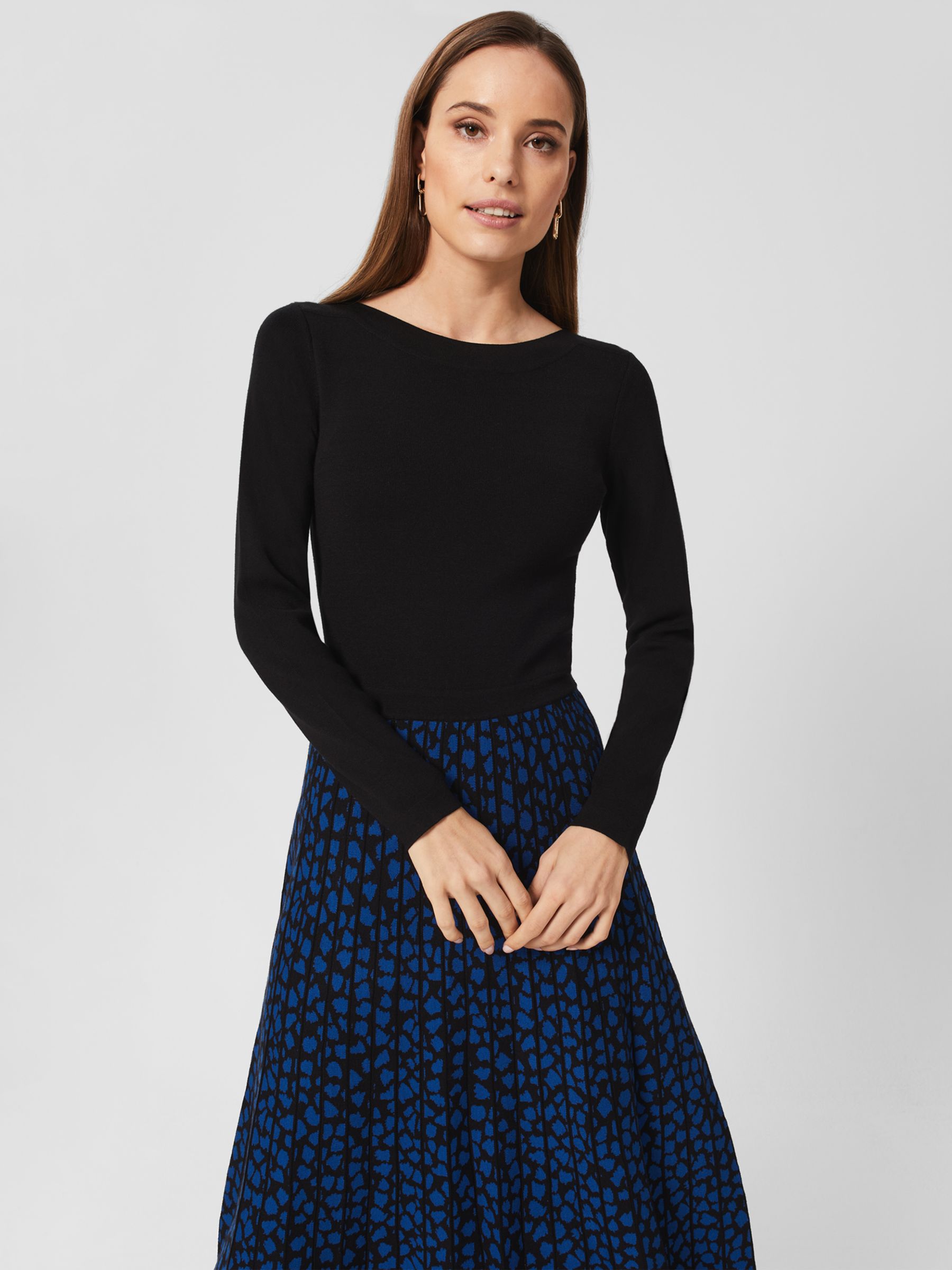 Hobbs Petite Elena Knit Midi Dress, Black/Blue, 16