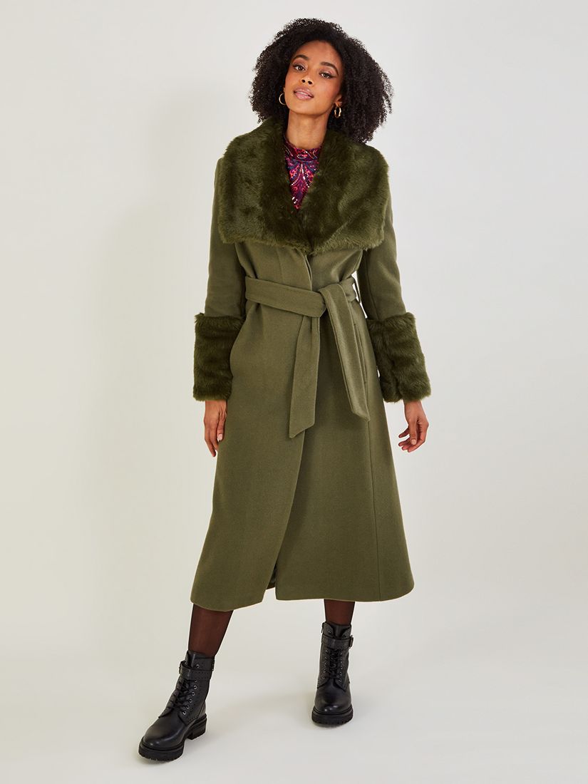 Monsoon Sadie Faux Fur Collar Wool Blend Coat, Green