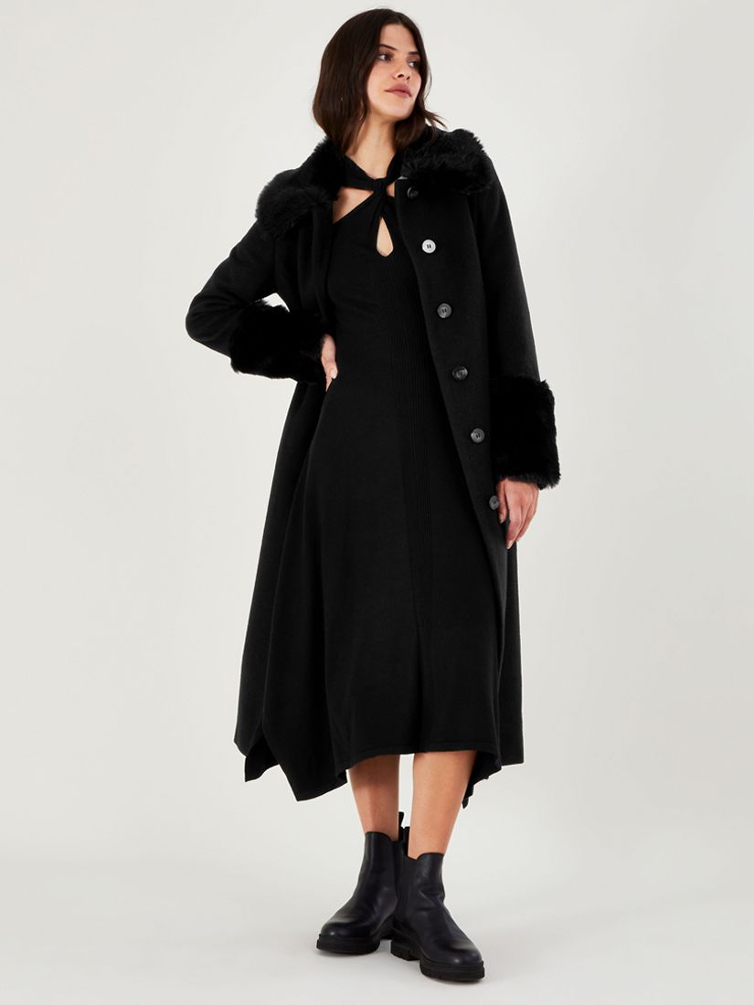 Monsoon Felicity Faux Fur Coat, Black