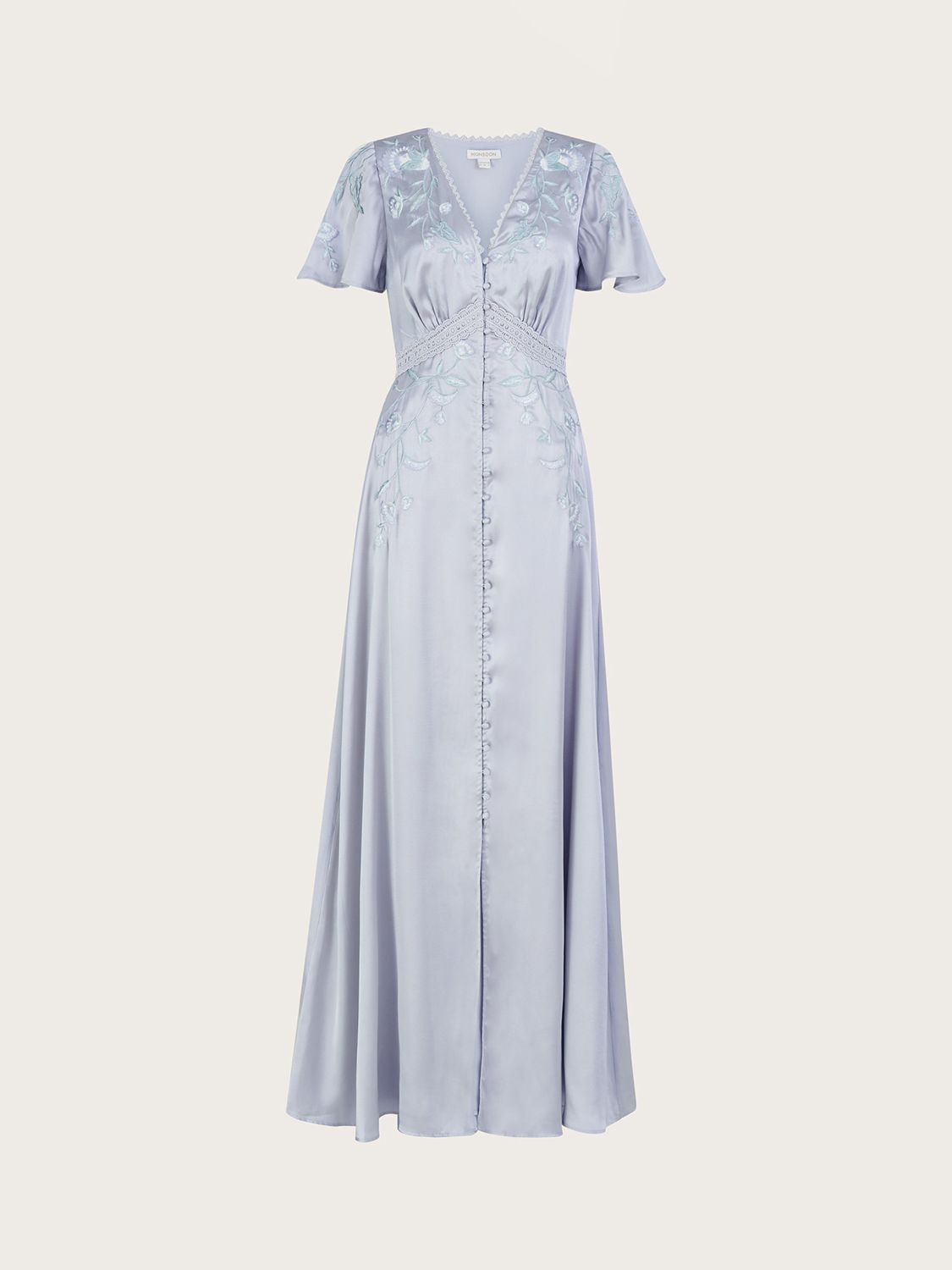Monsoon Mia Satin Embroidered Maxi Dress, Silver, 6