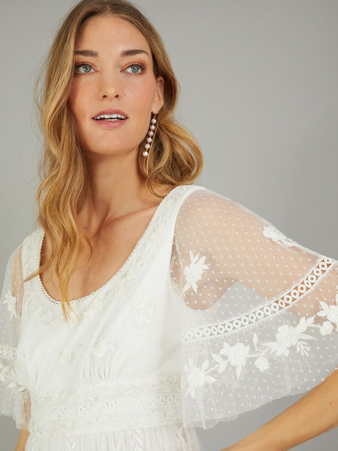 Monsoon Julita Embroidered Lace Trim Wedding Dress, Ivory, 6