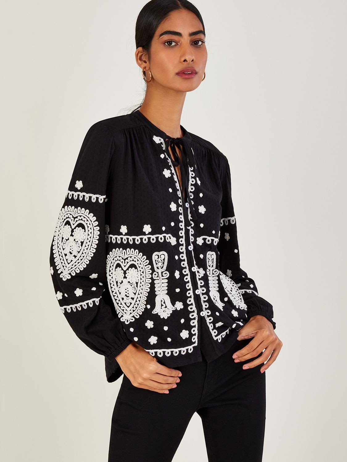 Monsoon Embroidered Jersey Top, Black, S