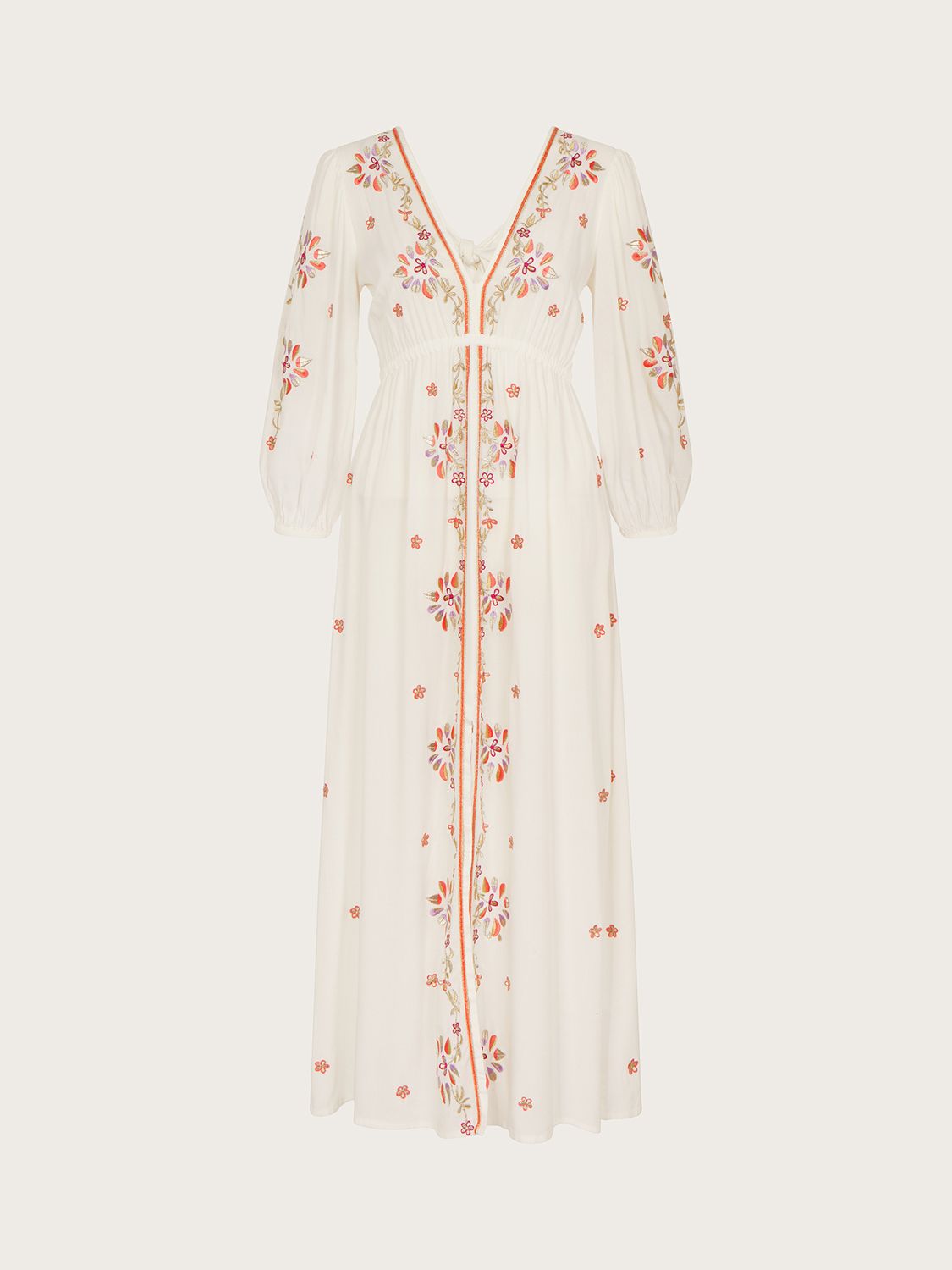 Monsoon Embroidered Maxi Kaftan Dress, Ivory, S