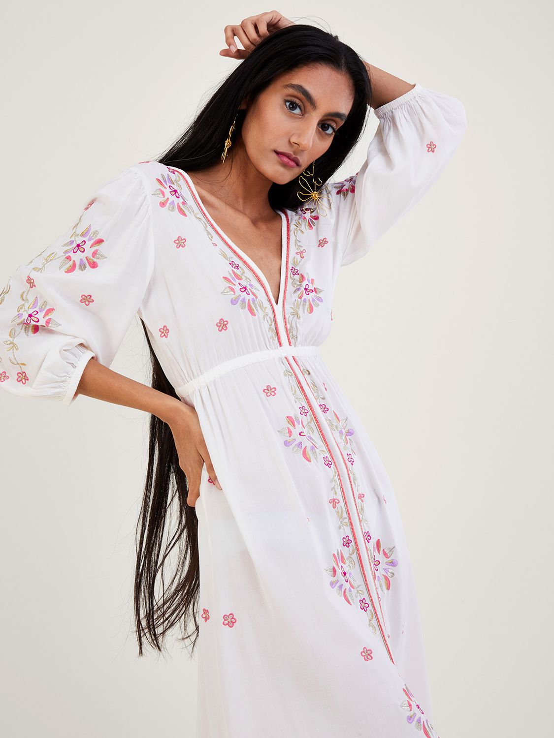 Monsoon Embroidered Maxi Kaftan Dress, Ivory, S