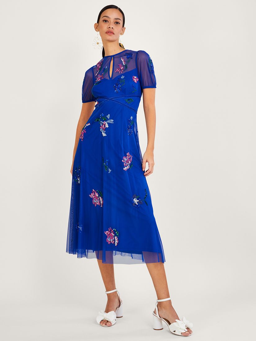 Monsoon Phoebe Embroidered Midi Dress, Cobalt/Multi