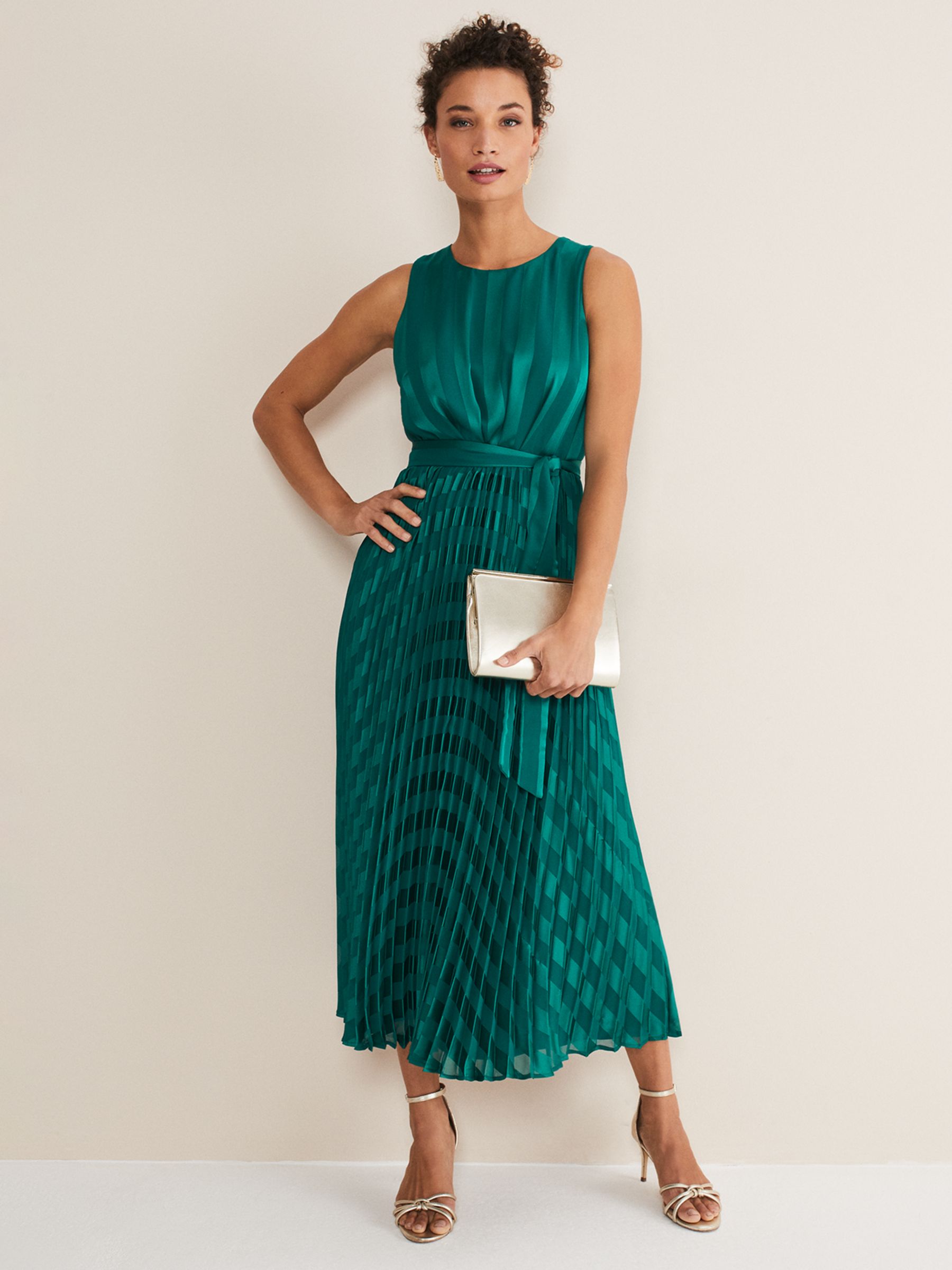 Phase Eight Beverley Striped Pleated Midaxi Dress, Jade at John Lewis ...