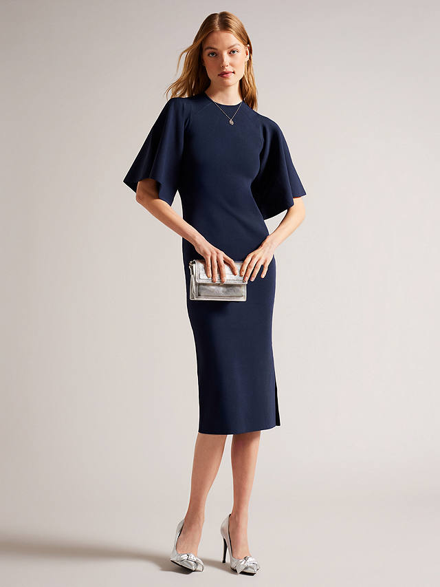 Ted Baker Lounia Fluted Sleeve Knitted Bodycon Midi Dress, Dark Blue
