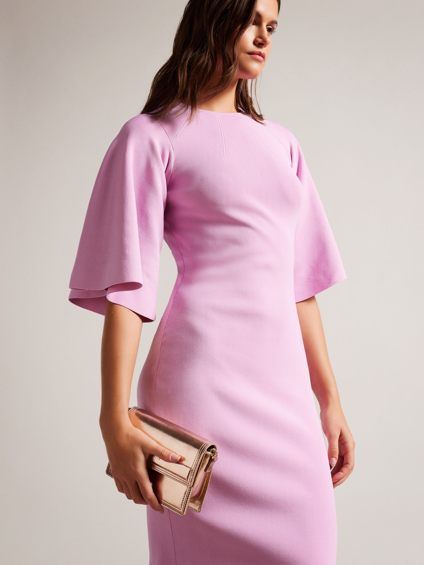 Ted Baker Lounia Fluted Sleeve Knitted Bodycon Midi Dress, Lilac at