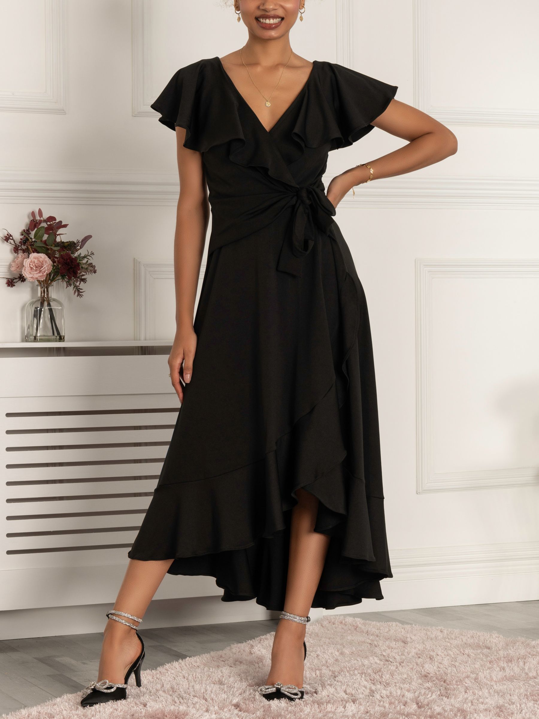 Jolie Moi Priya Frill Dipped Hem Midi Dress, Black at John Lewis & Partners