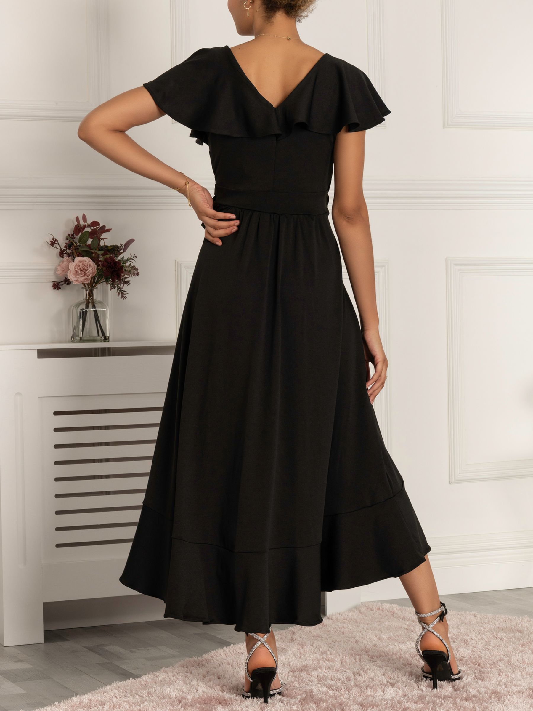 Jolie Moi Priya Frill Dipped Hem Midi Dress, Black at John Lewis & Partners