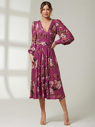 Jolie Moi Phoebe Long Sleeve Mesh Knee Length Dress, Mauve Purple