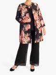 chesca Satin Twill Floral Print Round Neck Coat, Black/Dusty Pink