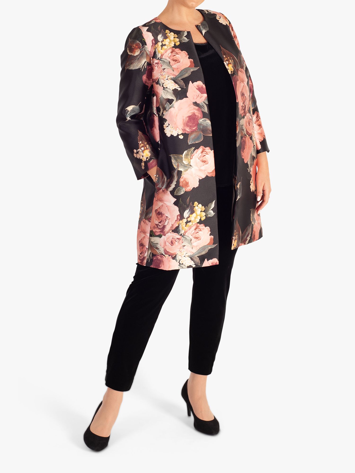 chesca Satin Twill Floral Print Round Neck Coat, Black/Dusty Pink at ...