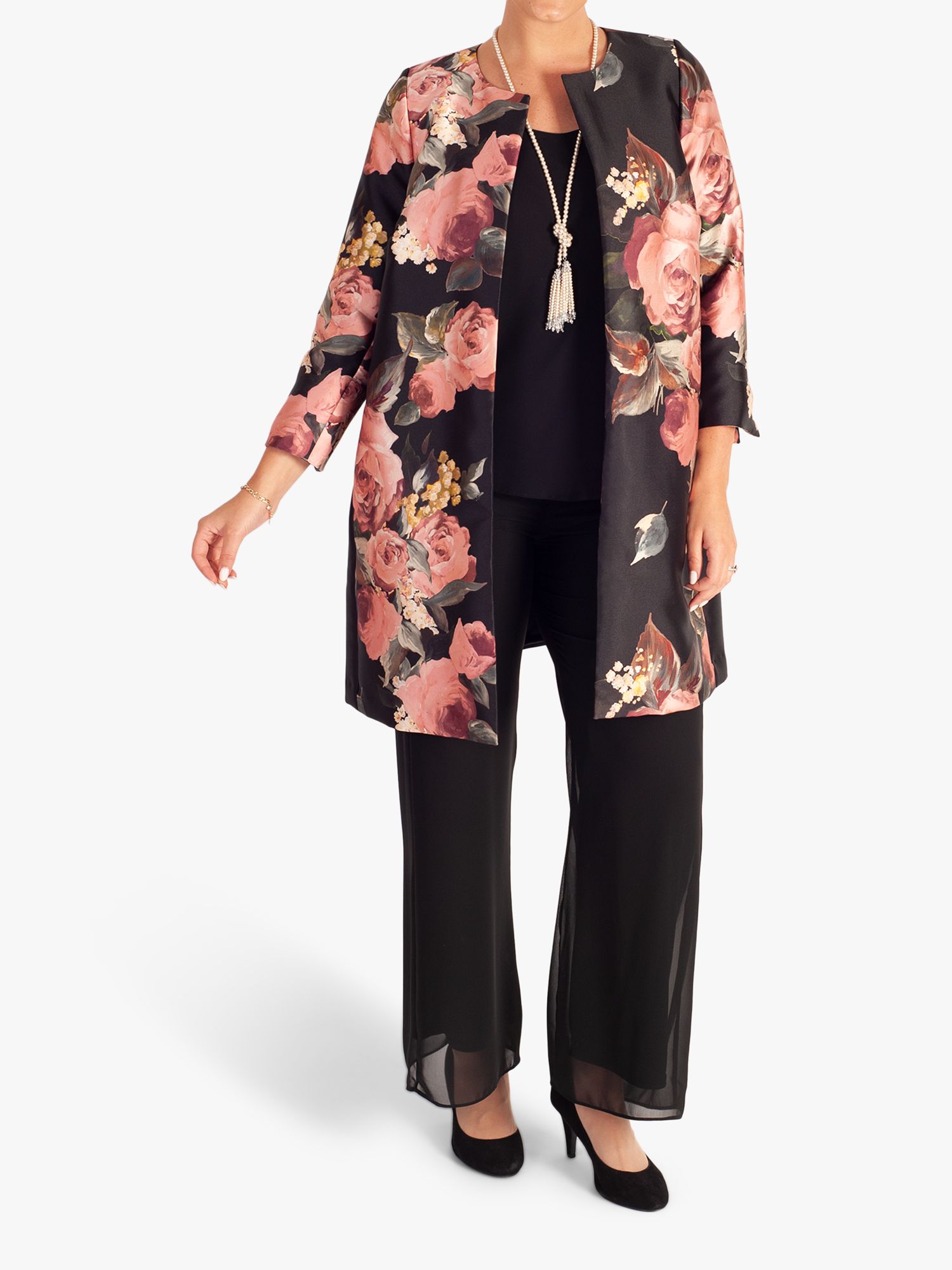 Buy chesca Satin Twill Floral Print Round Neck Coat, Black/Dusty Pink Online at johnlewis.com