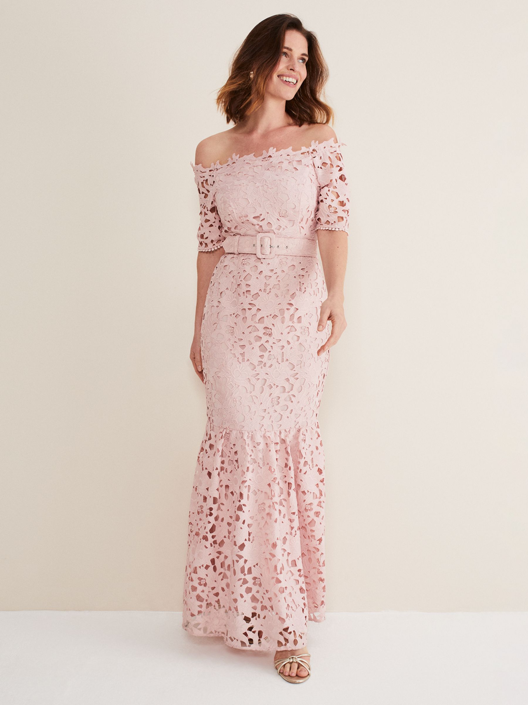 Phase Eight Tallulla Lace Bardot Maxi Dress, Petal Pink, 6