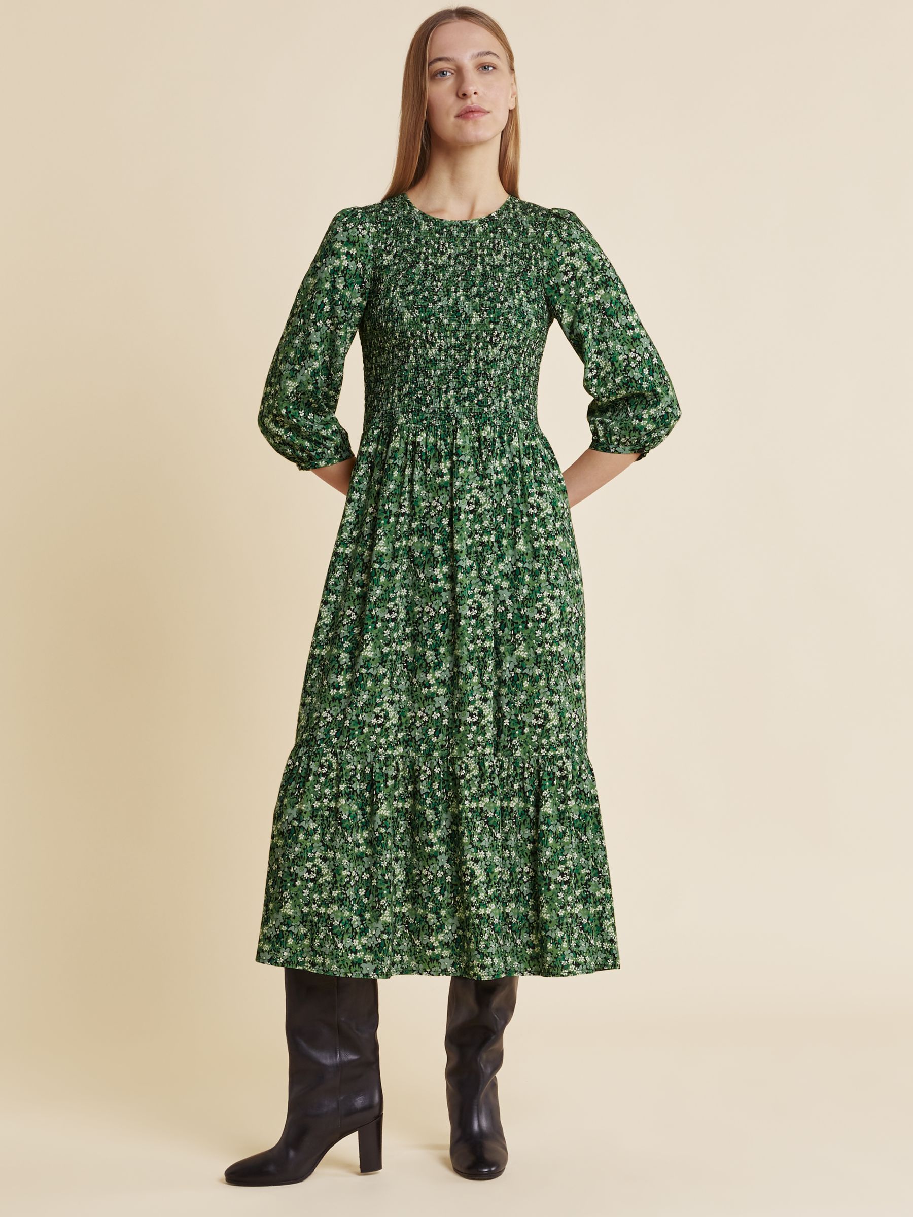 Albaray Painterly Floral Shirred Bodice Dress, Green