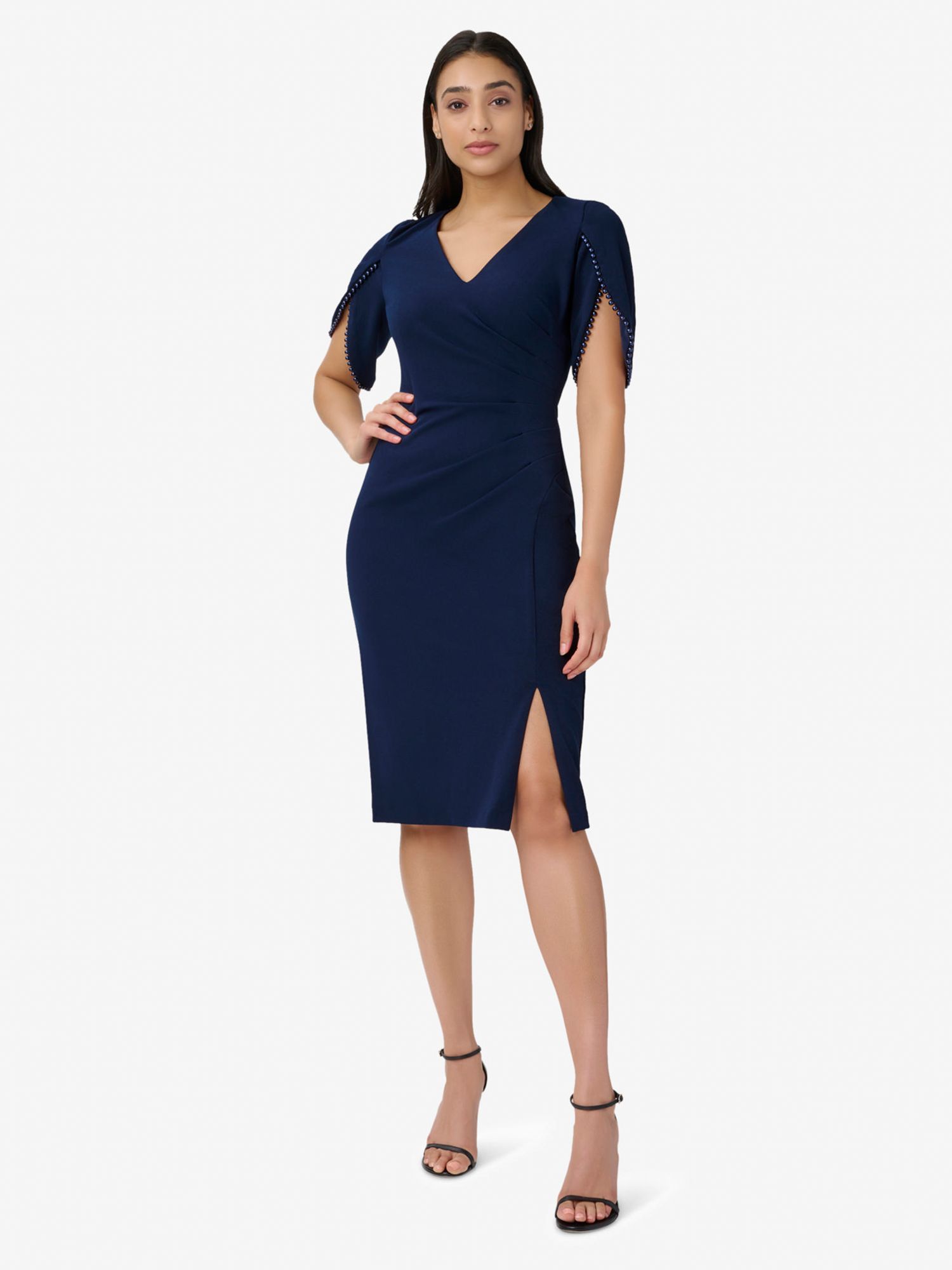 Adrianna Papell Knit Crepe Pearl Trim Knee Length Dress Navy Sateen